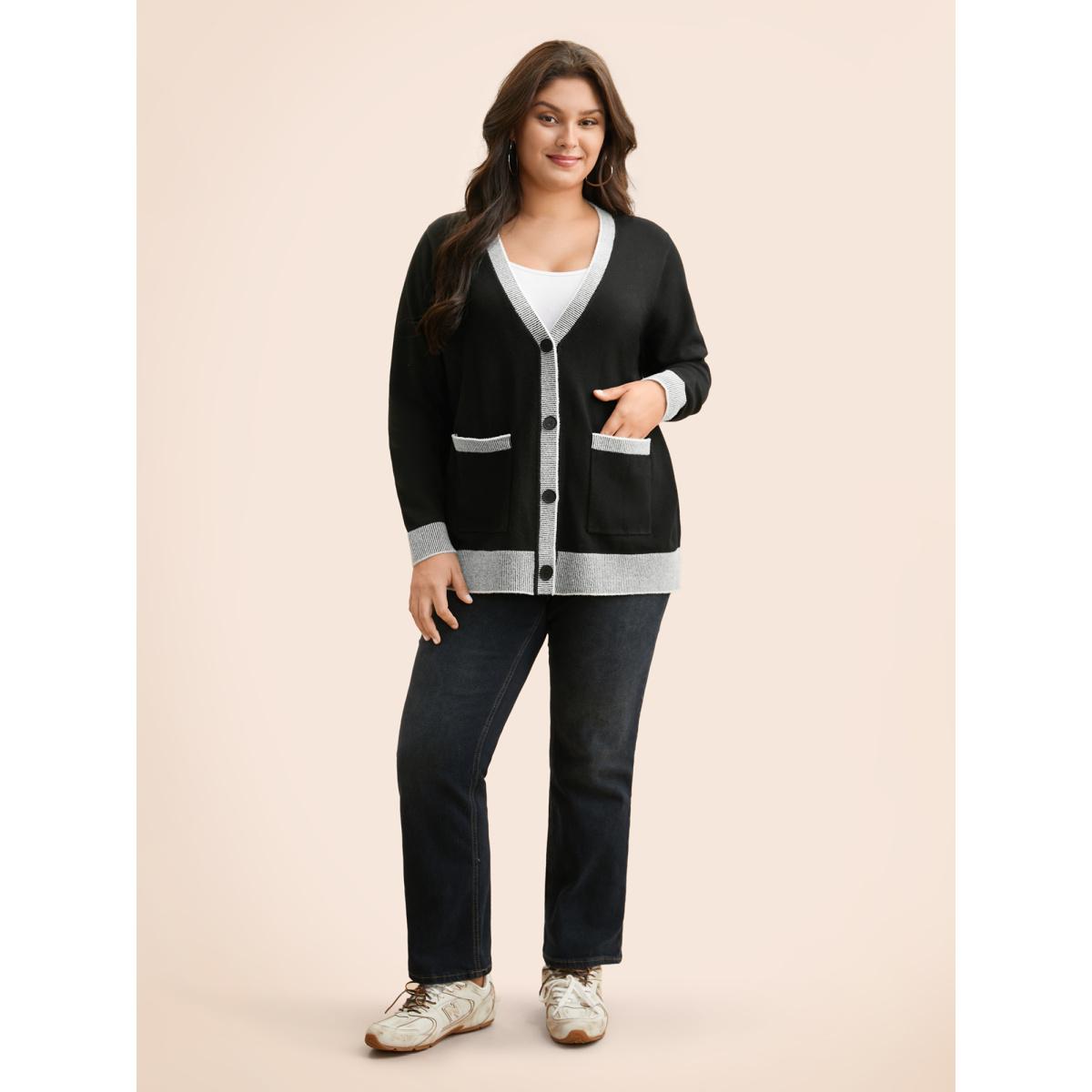 Plus Size Contrast Button Up Pocket Cardigan Black Women Leisure Long Sleeve Casual Cardigans BloomChic 10/M Product Image
