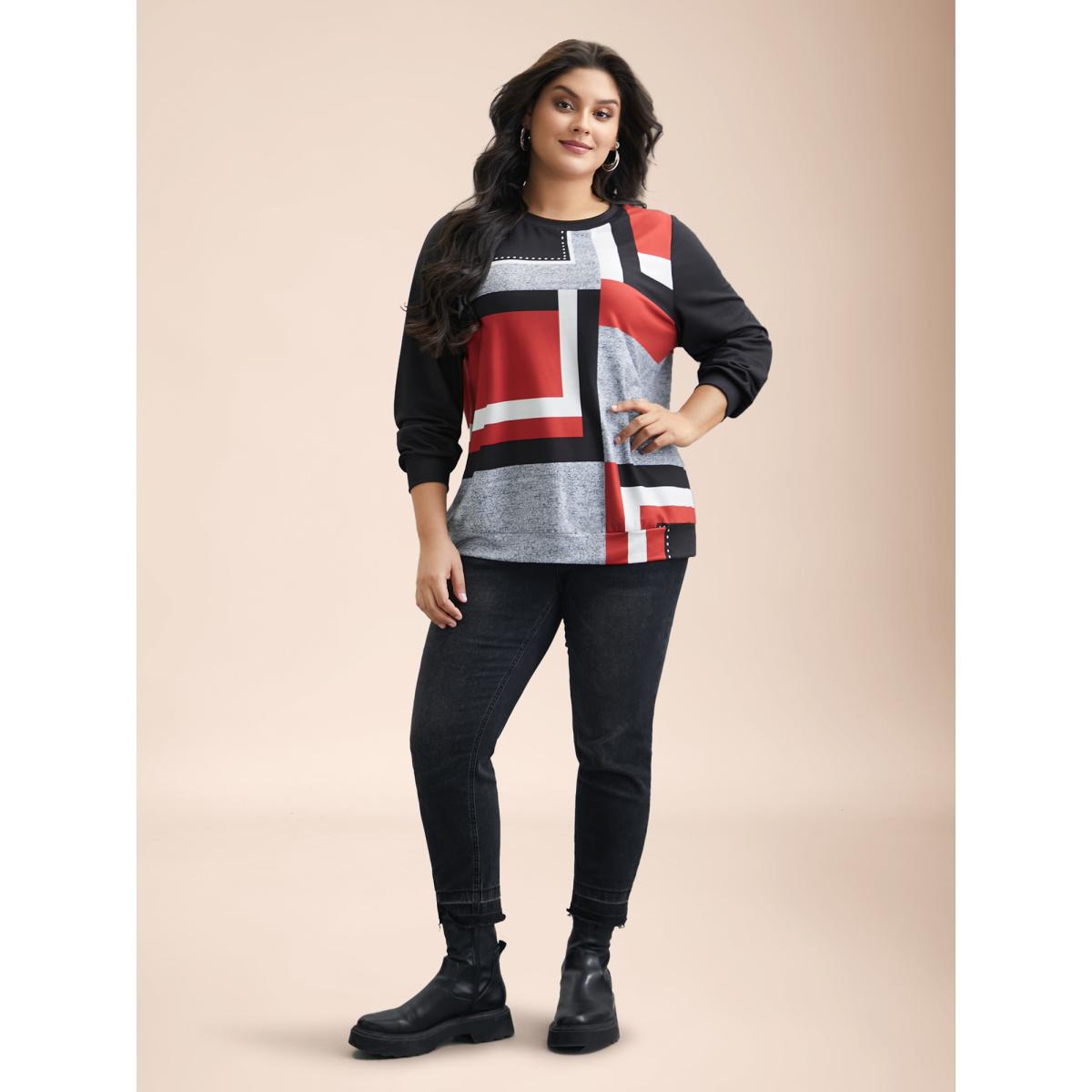 Plus Size Geometric Print Round Neck Fitted Sweatshirt Women Multicolor Casual Contrast Round Neck Everyday Sweatshirts BloomChic 14-16/1X Product Image
