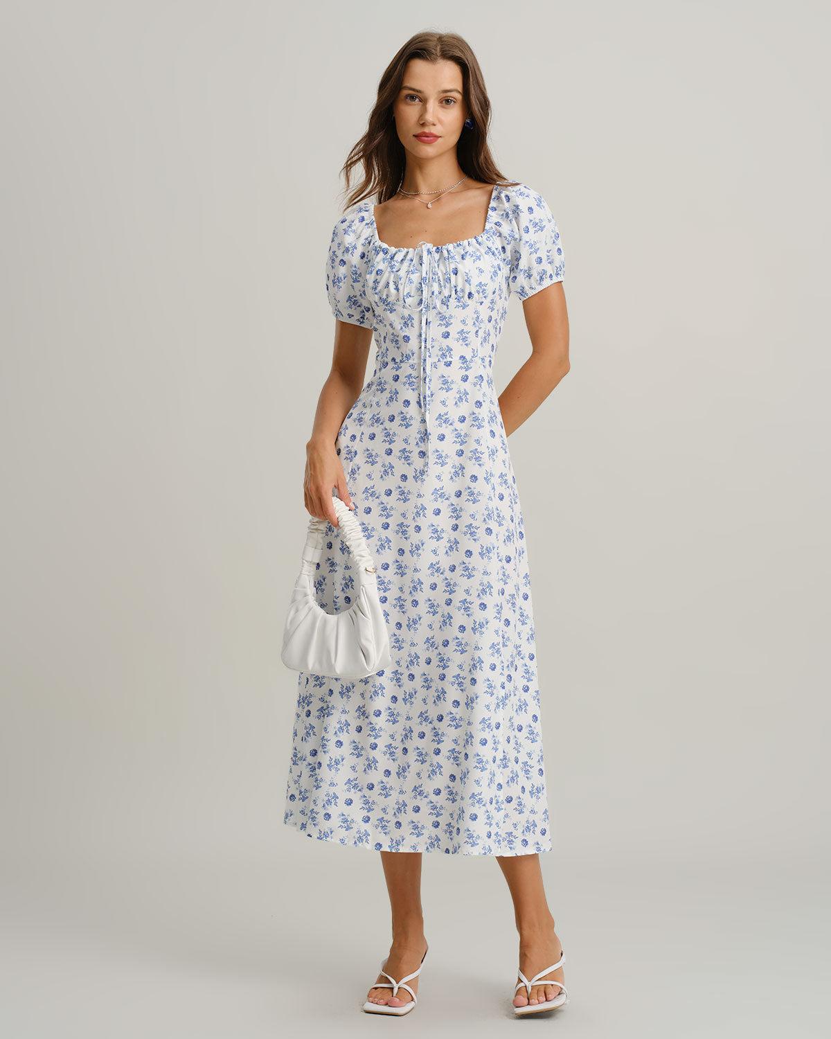 Blue Floral Square Neck Ruched Midi Dress Product Image