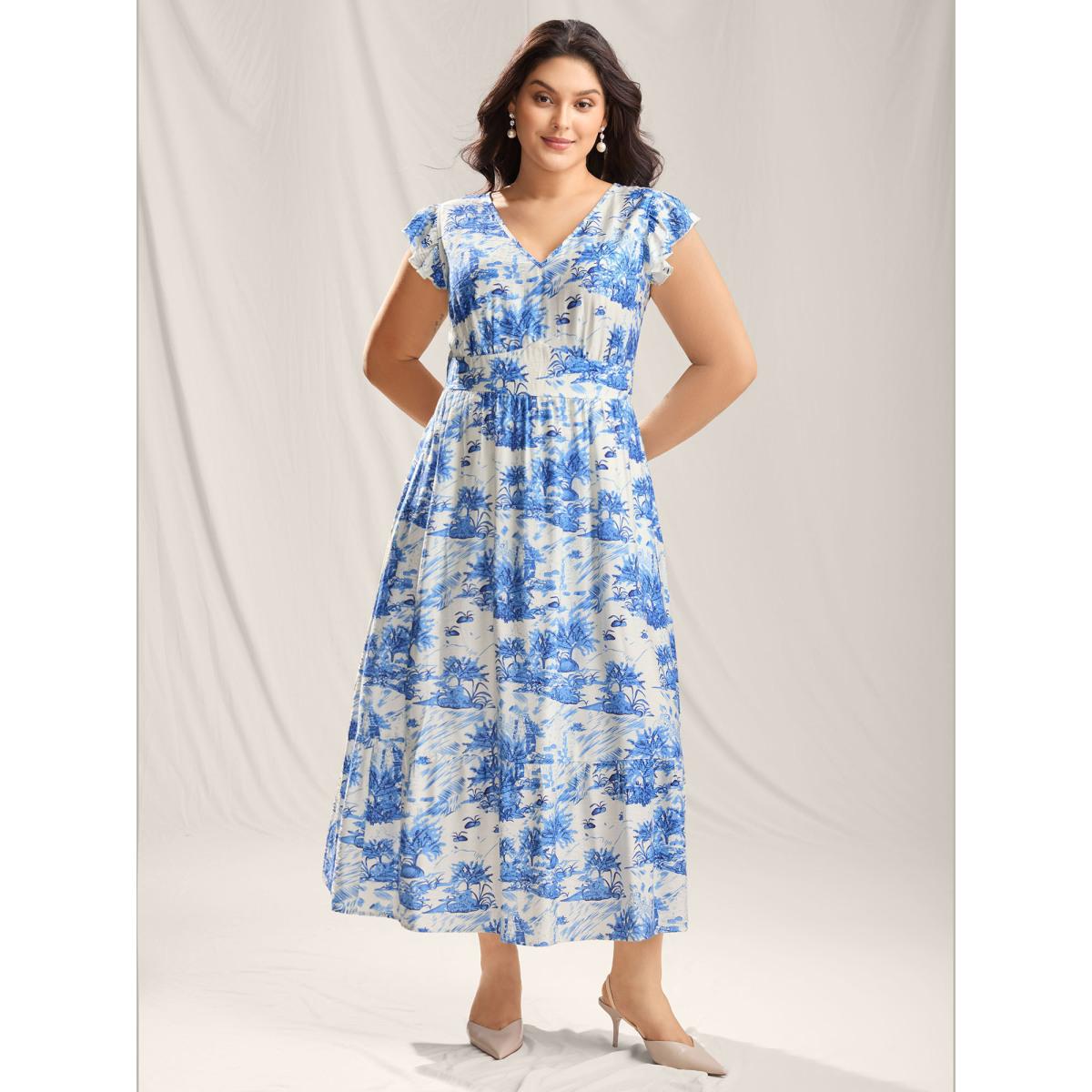Plus Size Landscape Floral Print Cinched-Waist Maxi Dress Skyblue Women V-neck Cap Sleeve Curvy BloomChic 10/M Product Image
