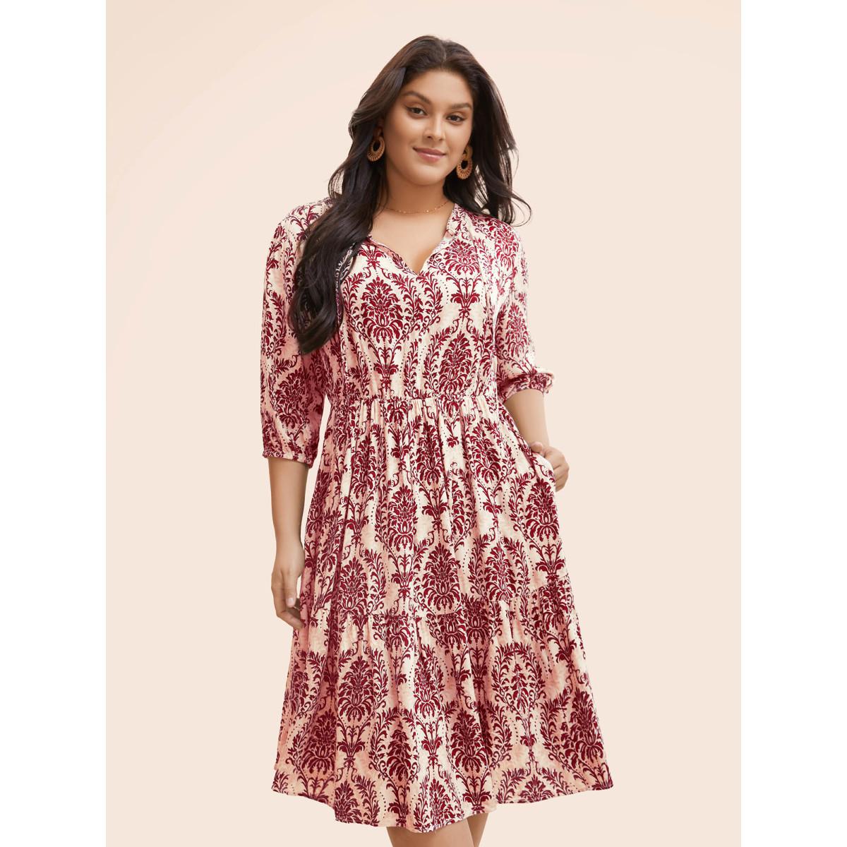 Plus Size Damask Print Tie Knot Puff Sleeve Dress Rust Women Resort Tie knot V-neck Elbow-length sleeve Curvy BloomChic 28/5X Product Image