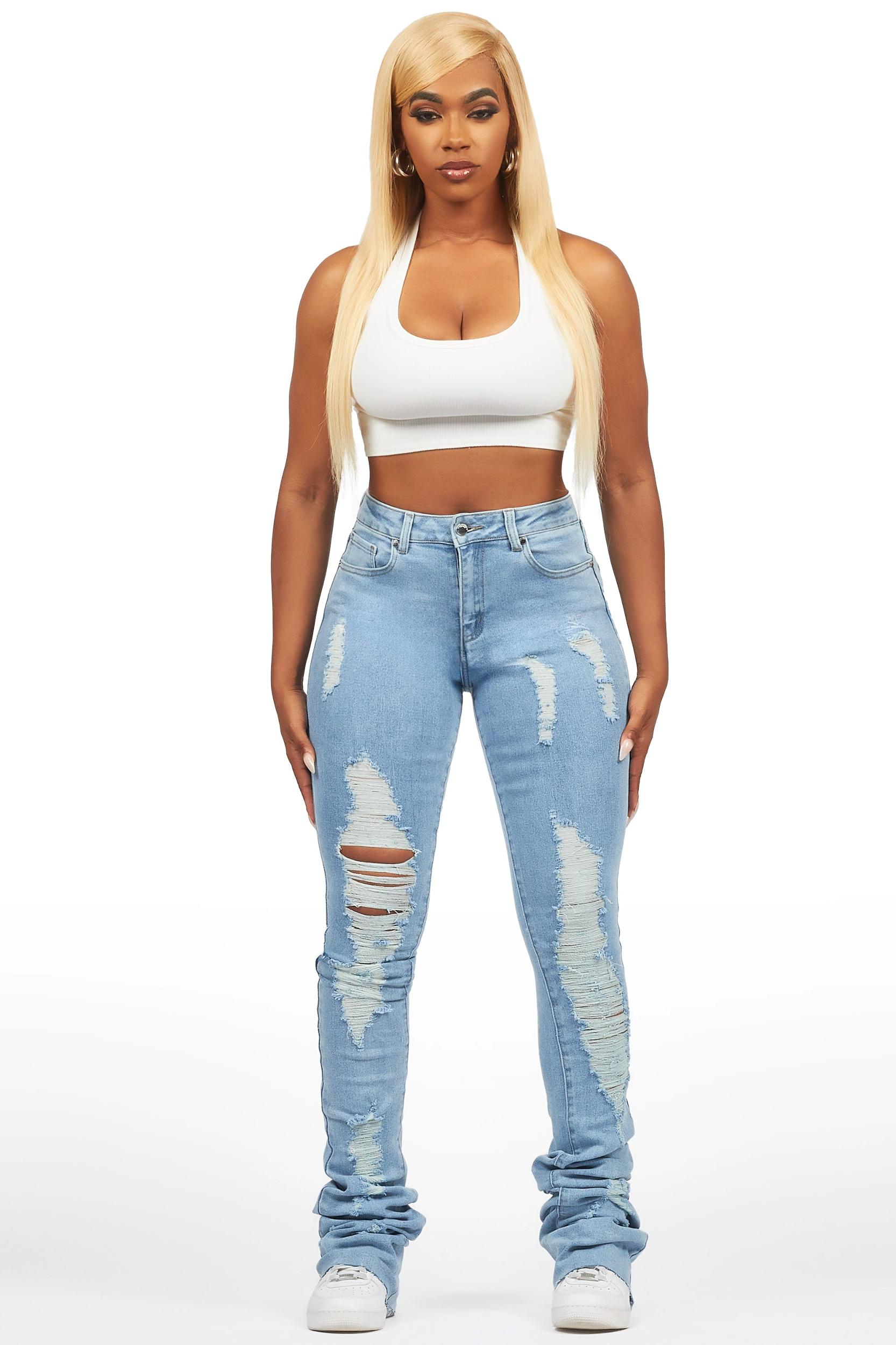 Got A Crush Light Wash Distressed Super Stacked Jean Female Product Image