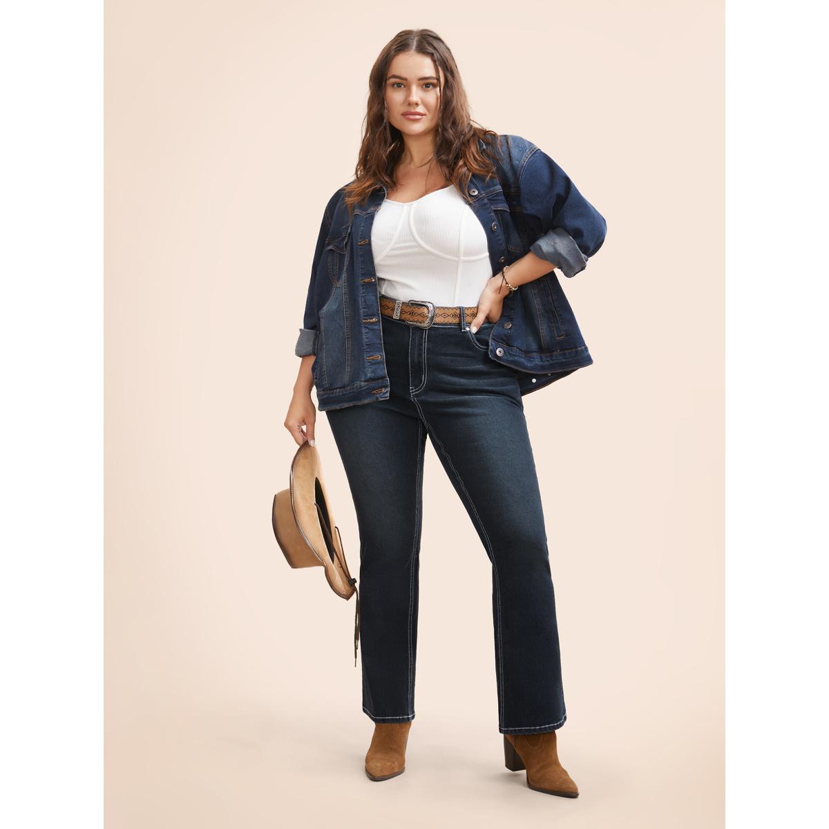 Plus Size Stretch Denim Embroided Pockets Flare Jeans Women Darkindigo Casual Embroidered Medium stretch Slanted pocket Jeans BloomChic 12/L Product Image