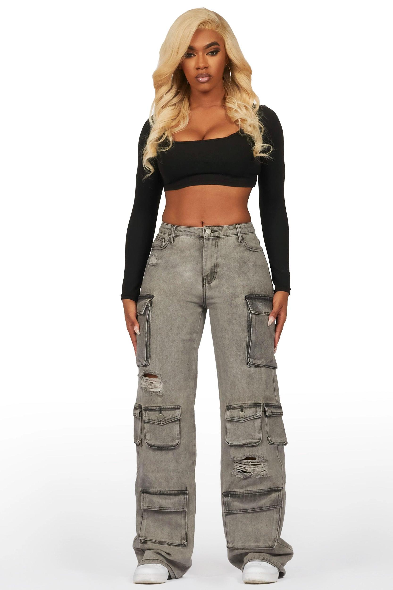 Jahmani Grey Wash Stretch Wide Leg Jean Female Product Image