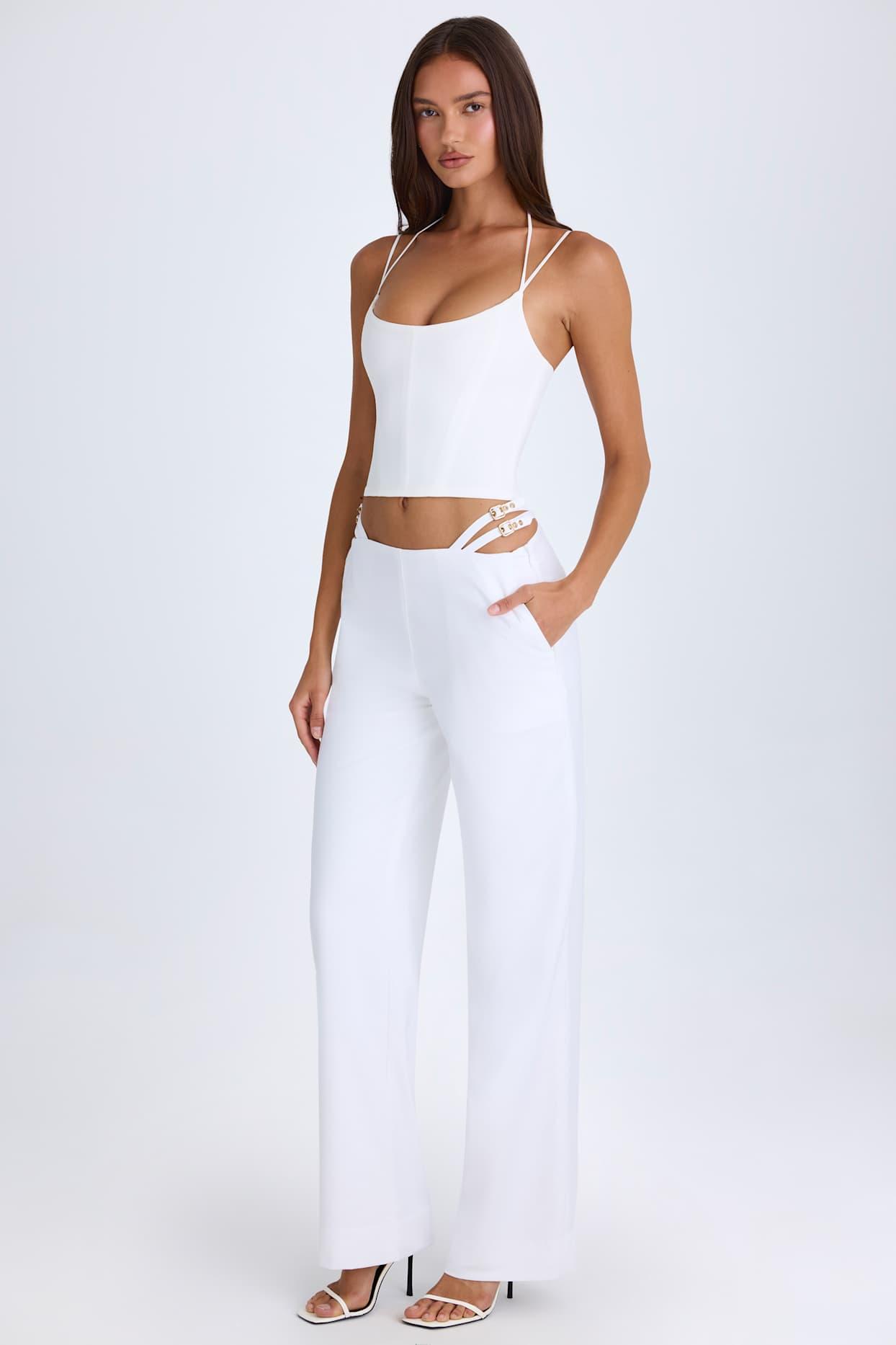 Belted Cut-Out Wide-Leg Trousers in White Product Image