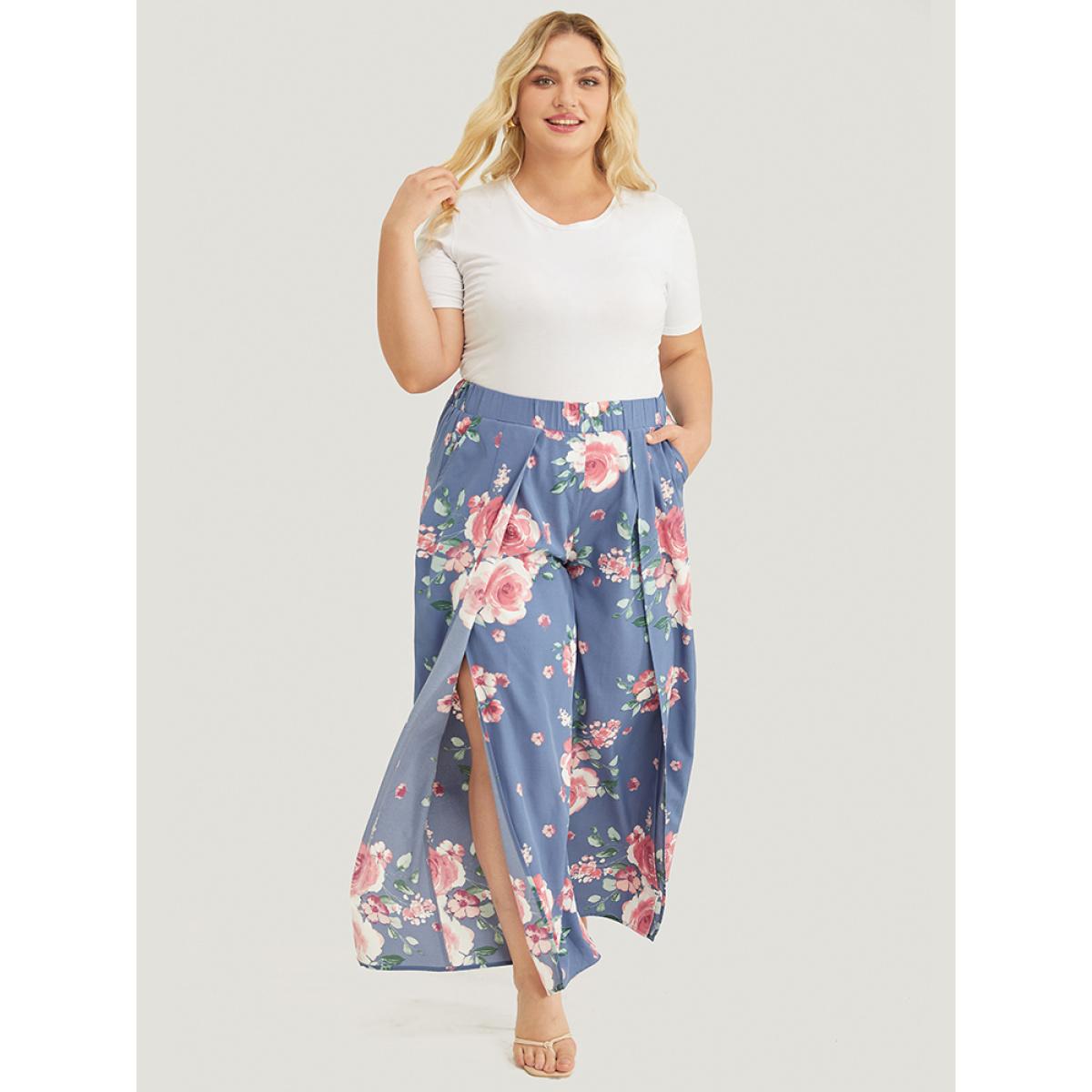 Plus Size Floral Print Pocket Split Wide Leg Pants Women Blue Elegant Mid Rise Dailywear Pants BloomChic 10/M Product Image