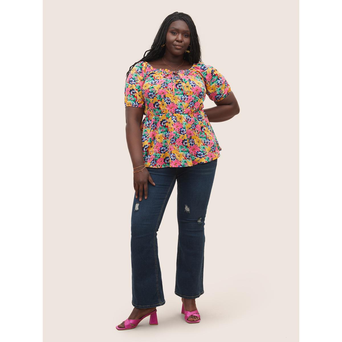 Plus Size Red Floral Elastic Waist Ties Lantern Sleeve Blouse Women Elegant Short sleeve Square Neck Everyday Blouses BloomChic 14-16/1X Product Image