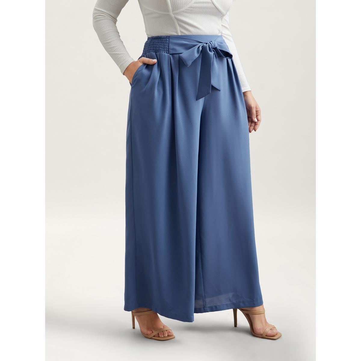 Plus Size Smocked Waist-Tie Flared Pants Women Mediumblue Elegant Wide Leg Mid Rise Everyday Pants BloomChic 18-20/2X Product Image
