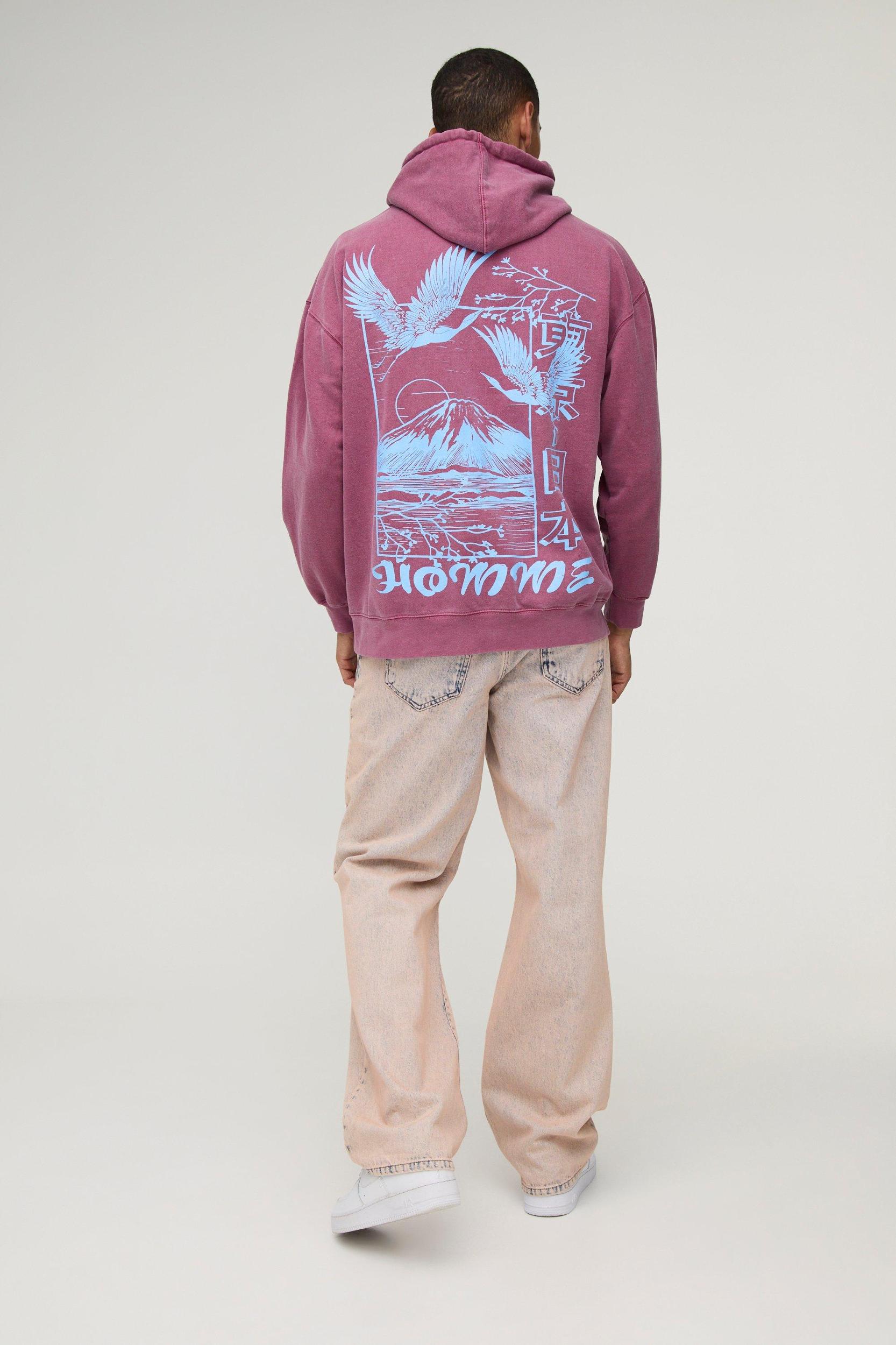 Oversized Homme Bird Volcano Graphic Washed Hoodie | boohooMAN USA Product Image