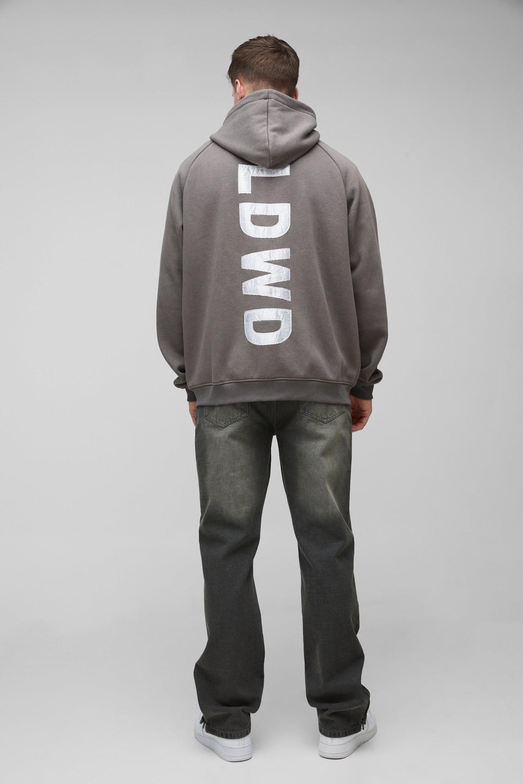Tall Oversized Raglan Satin Applique WRLDWD Zip Thru Hoodie | boohooMAN USA Product Image