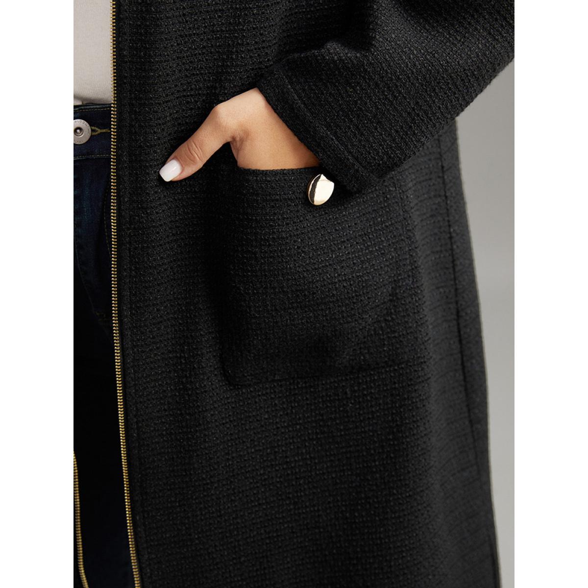 Plus Size Solid Tweed Pocket Metai Detail Zipper Coat Women Black Casual Plain Ladies Dailywear Winter Coats BloomChic 18-20/2X Product Image
