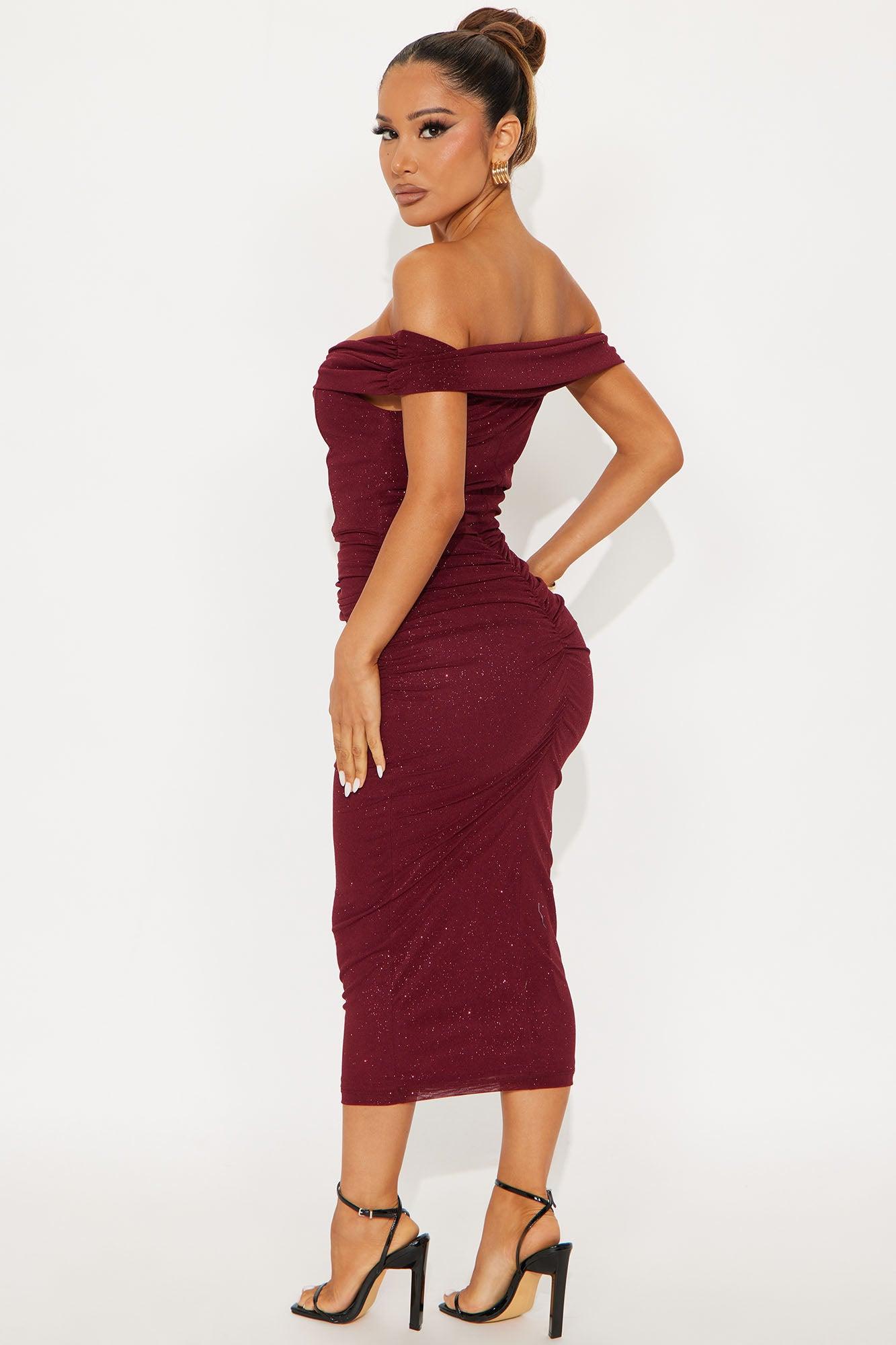Jackie Glitter Mesh Ruched Midi Dress - Wine Female Product Image