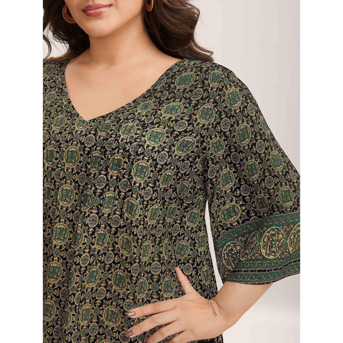 Plus Size DarkBlue Pin-Tuck Pleat Ornate Print Relaxed Fit Shirt Women Boho Elbow-length sleeve V-neck Vacation Blouses BloomChic 12/L Product Image