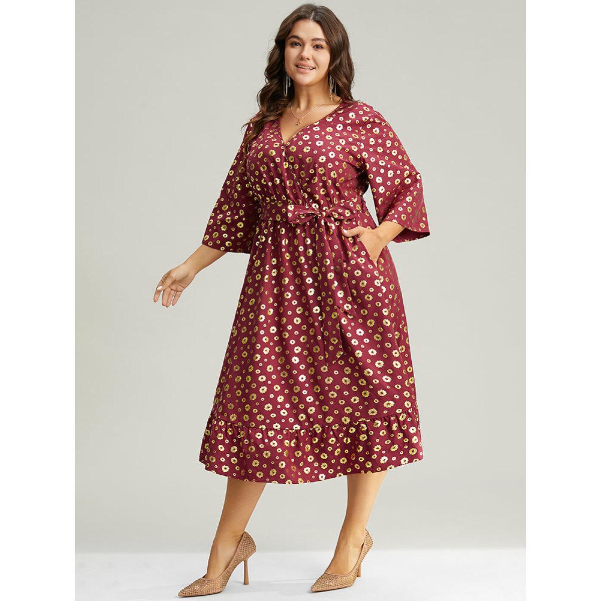 Plus Size Colorblock Glitter Bowknot Belted Pocket Dress Scarlet Women Party Wrap Overlap Collar Elbow-length sleeve Curvy Midi Dress BloomChic 12/L Product Image