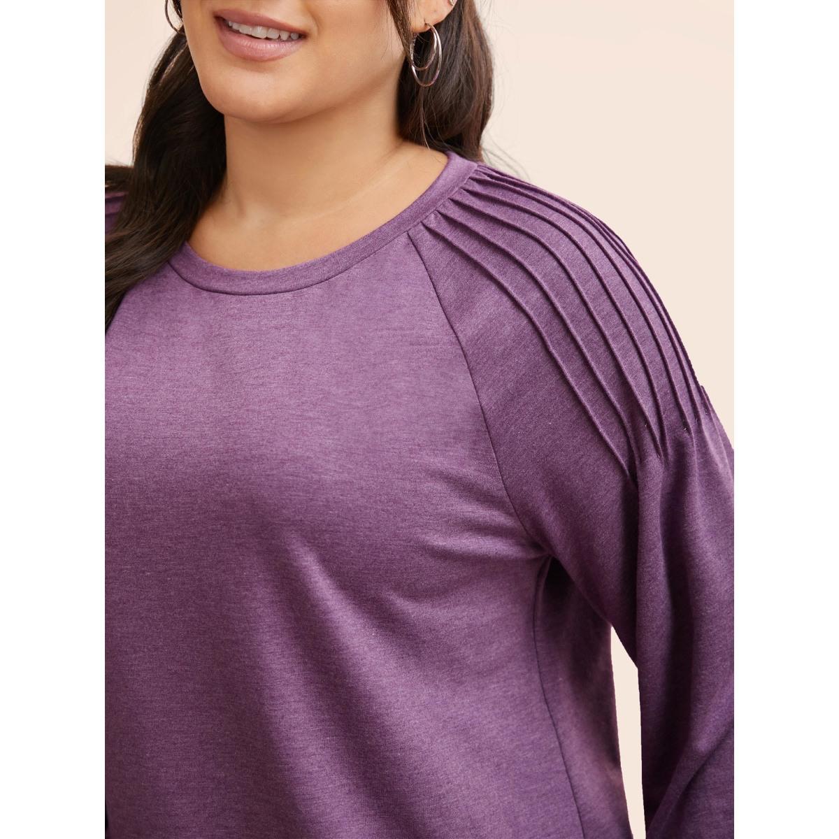 Plus Size Solid Heather Raglan Sleeve Pleated Sweatshirt Women Deeppurplered Casual Pleated Round Neck Everyday Sweatshirts BloomChic 14-16/1X Product Image