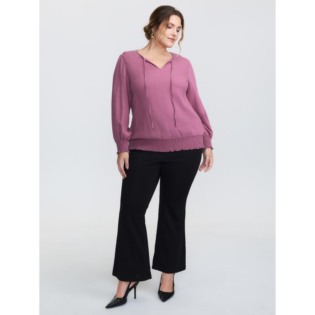 Plus Size Mauve Pure Cotton Textured Shirred Blouse Women Leisure Extra Long Sleeve Round Neck Elegant Blouses BloomChic 30/6X Product Image