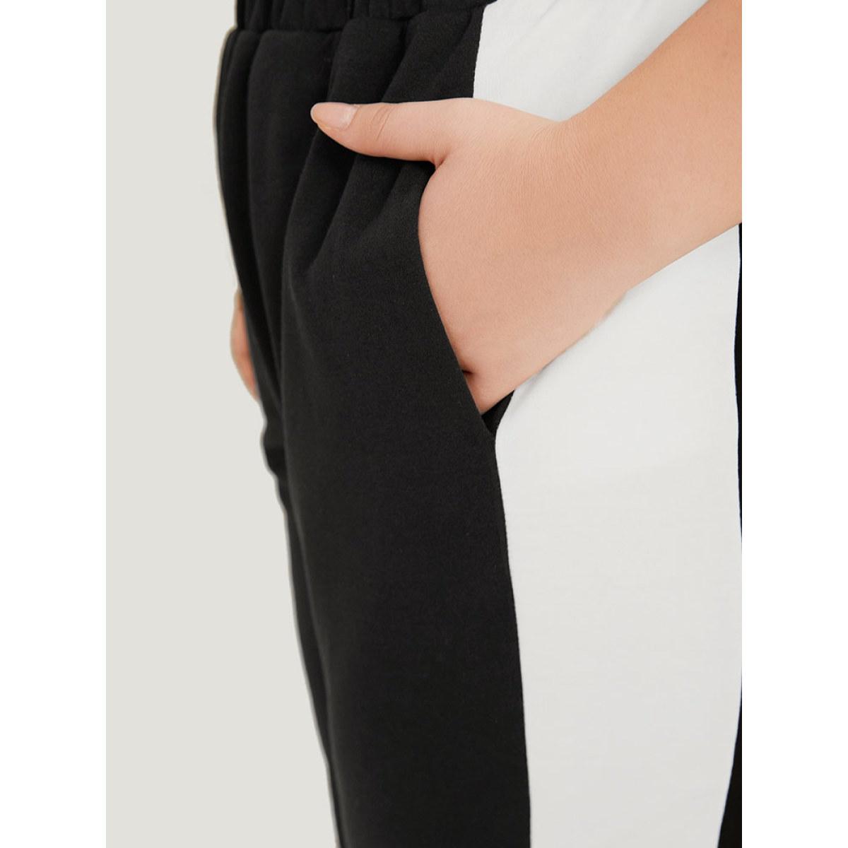 Contrast Patchwork Pocket Elastic Waist Carrot Sweatpants Black Plus Size Women Casual Dailywear Contrast 12/L Bloomchic Product Image