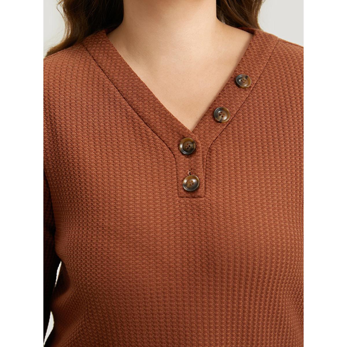 Plus Size Halloween Solid Waffle Knit Button Up Lantern Sleeve T-shirt Chocolate Women Casual Elastic cuffs Plain V-neck Festival-Halloween T-shirts BloomChic 28/5X Product Image