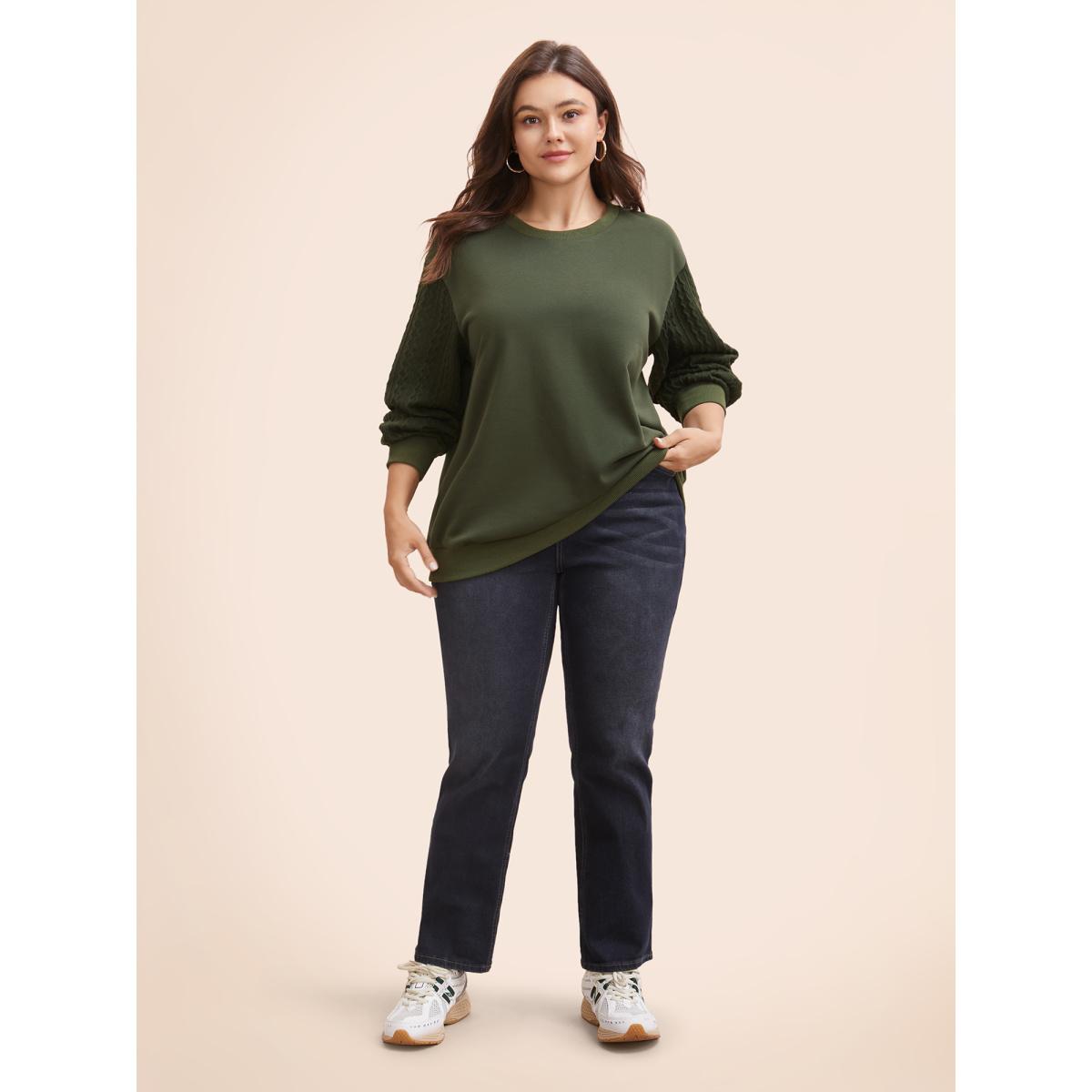 Plus Size Texture Patchwork Drop Shoulder Sleeve Sweatshirt Women DarkGreen Casual Texture Round Neck Everyday Sweatshirts BloomChic 12/L Product Image