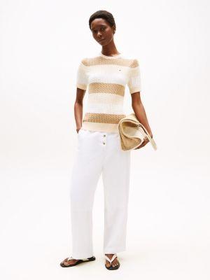 Short-Sleeve Stripe Cable Knit Sweater Product Image