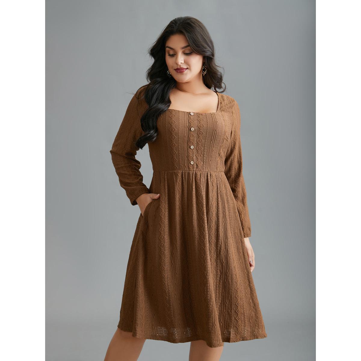 Plus Size Textured Button Detail Square Neck Knit Dress Browncoffeecolor Women Elegant Texture Knit Dresses Bloomchic 30/6X Product Image