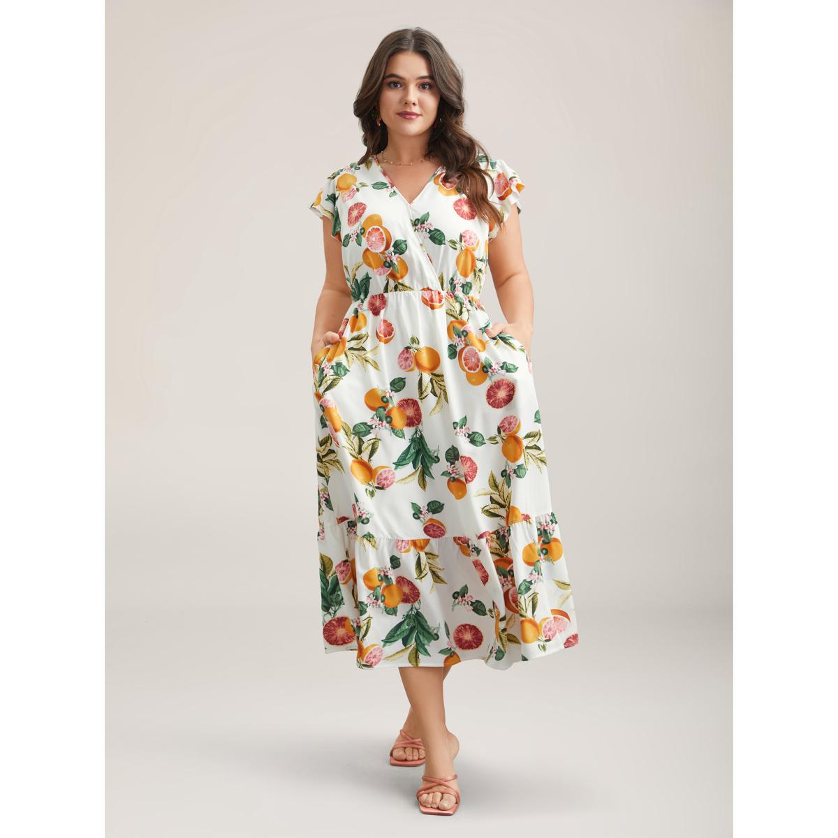 Plus Size Spring Fruits Wrap Neck Midi Dress Ivory Women Elegant Ruffles Overlap Collar Cap Sleeve Curvy BloomChic 28/5X Product Image