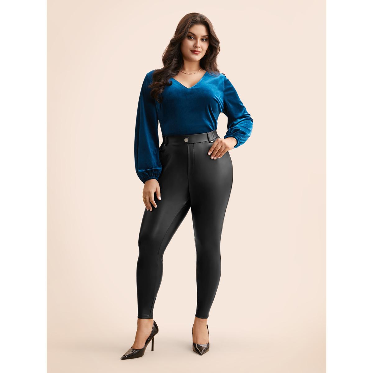 Plus Size PU Leather Button Detail Mid Rise Pants Women Black Casual Skinny Mid Rise Everyday Pants BloomChic 14-16/1X Product Image
