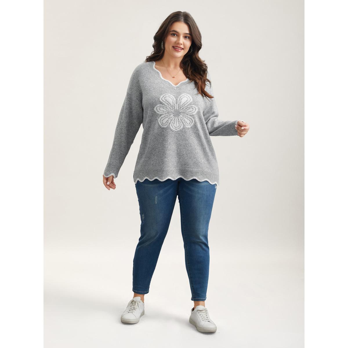 Plus Size Floral Print Jacquard V-Neck Pullover DarkGray Women Casual Loose Long Sleeve V-neck Everyday Pullovers BloomChic 10/M Product Image