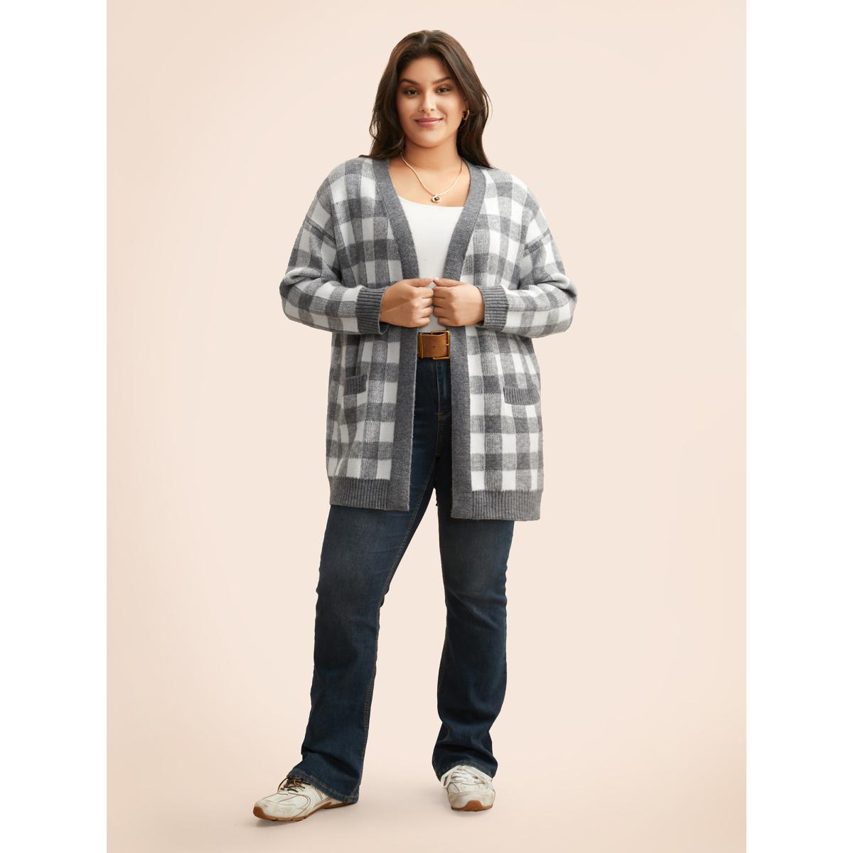 Plus Size Supersoft Essentials Plaid Drop Shoulder Cardigan DimGray Women Casual Loose Long Sleeve Everyday Cardigans BloomChic 26/4X Product Image