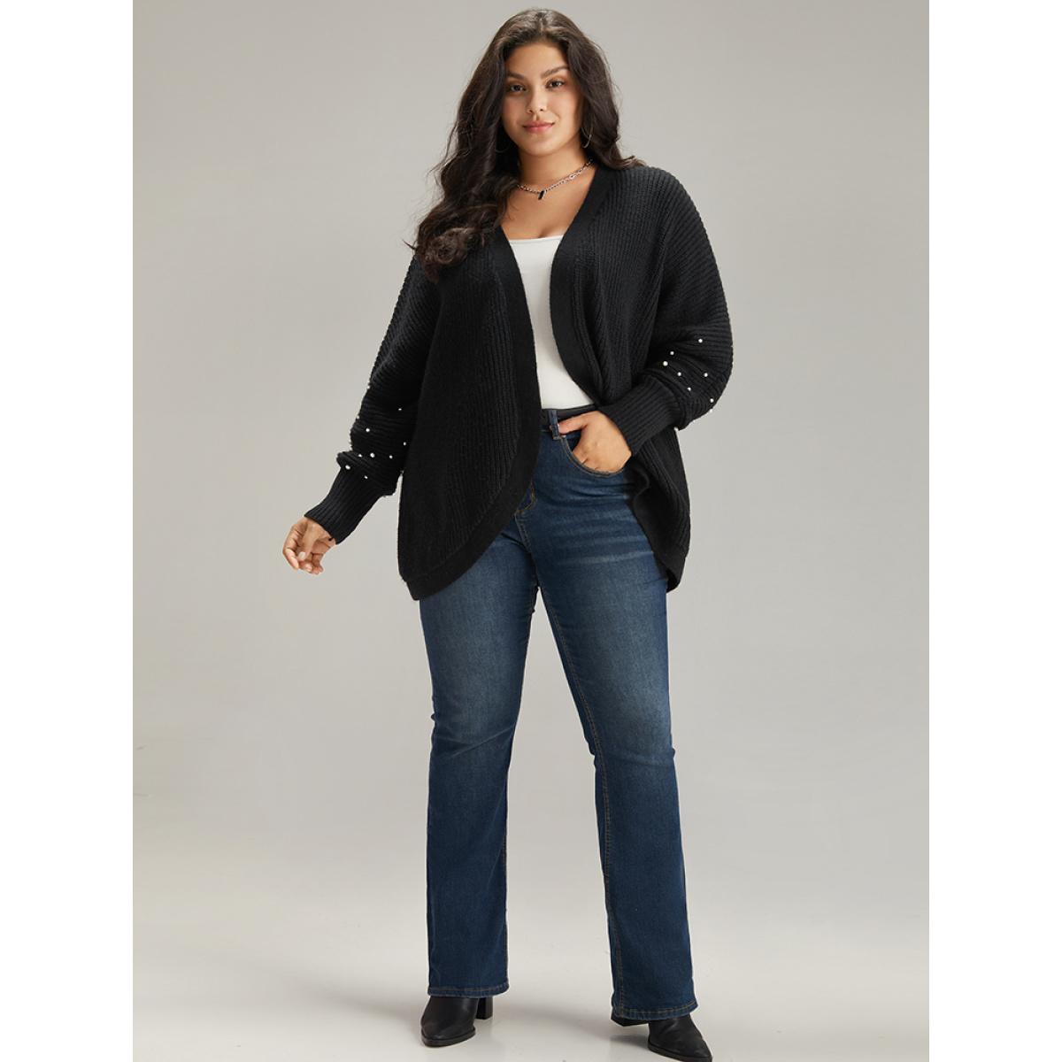 Plus Size Patchwork Pearl Beaded Curved Hem Cardigan Black Women Casual Loose Long Sleeve Dailywear Cardigans BloomChic 18-20/2X Product Image