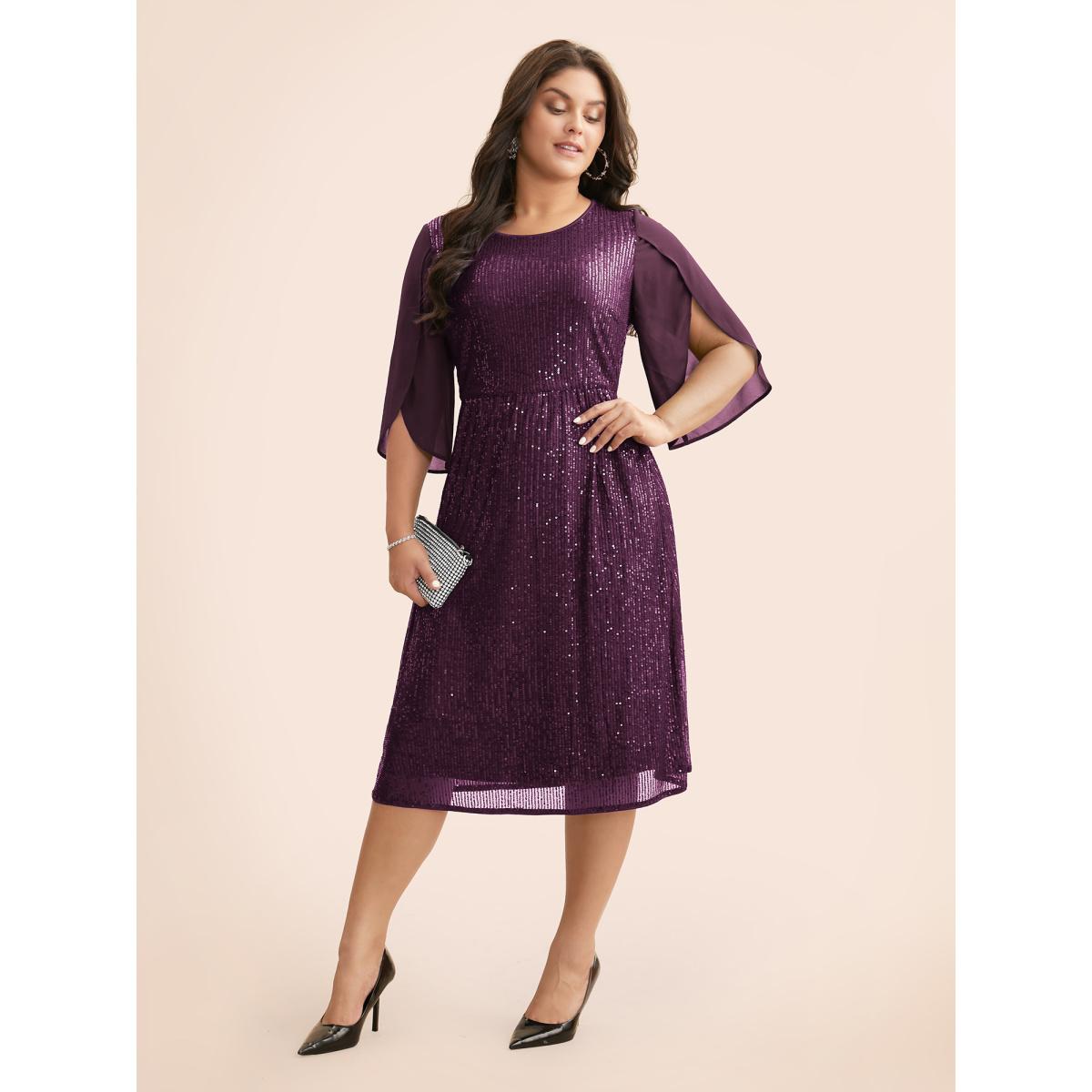 Plus Size Sequin Mesh Patchwork Petal Sleeve Dress Pureblack Women Party&Cocktail Overlapping Party Curvy Bloomchic 18-20/2X Product Image