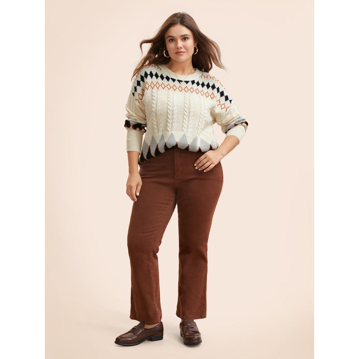 Plus Size Fair Isle Crew Neck Split Hem Pullover Beige Women Leisure Long Sleeve Round Neck Casual Pullovers BloomChic 28/5X Product Image