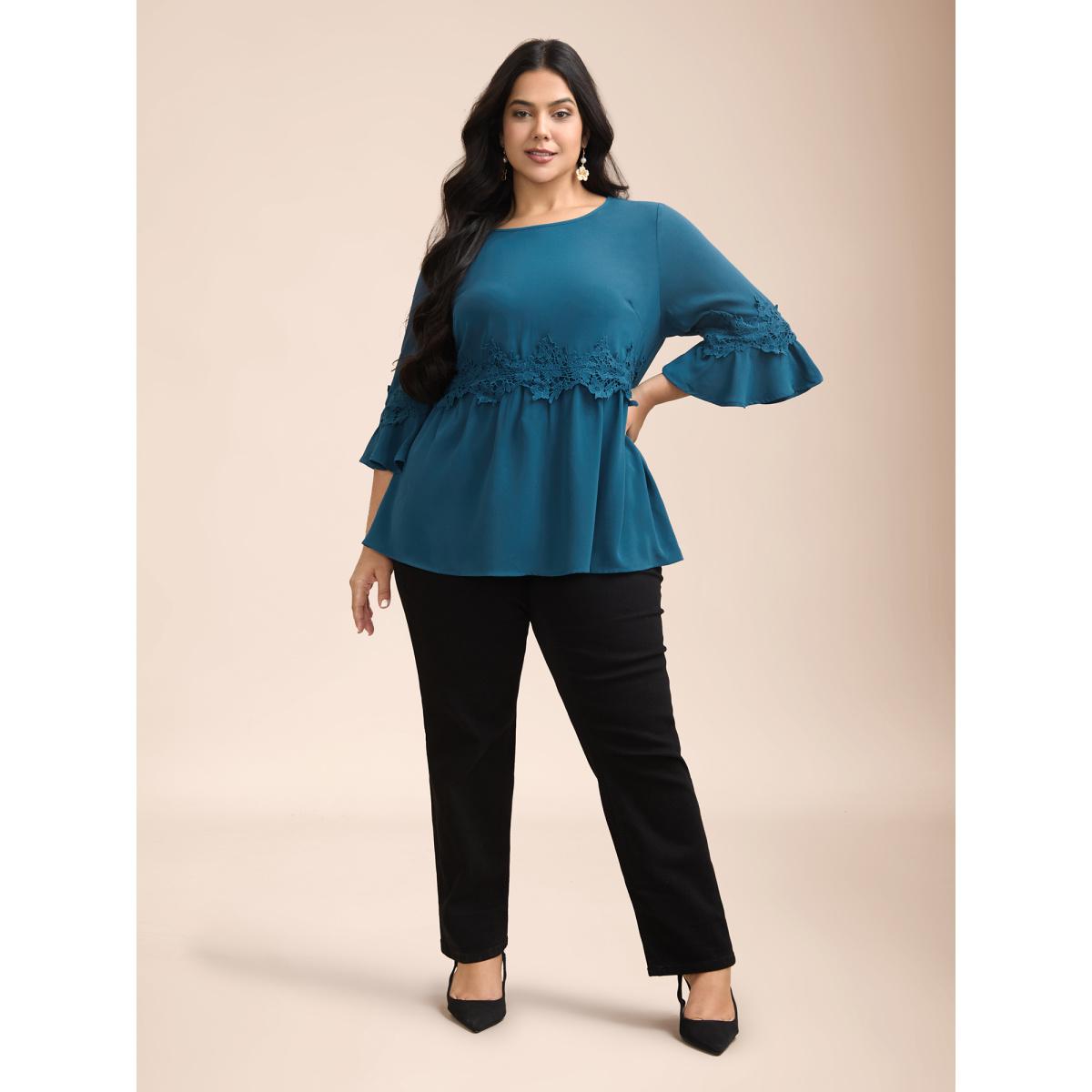 Plus Size Aegean Lace Detail Ruffled Round Neck Blouse Women Timeless Elbow-length sleeve Round Neck Elegant Blouses BloomChic 22-24/3X Product Image