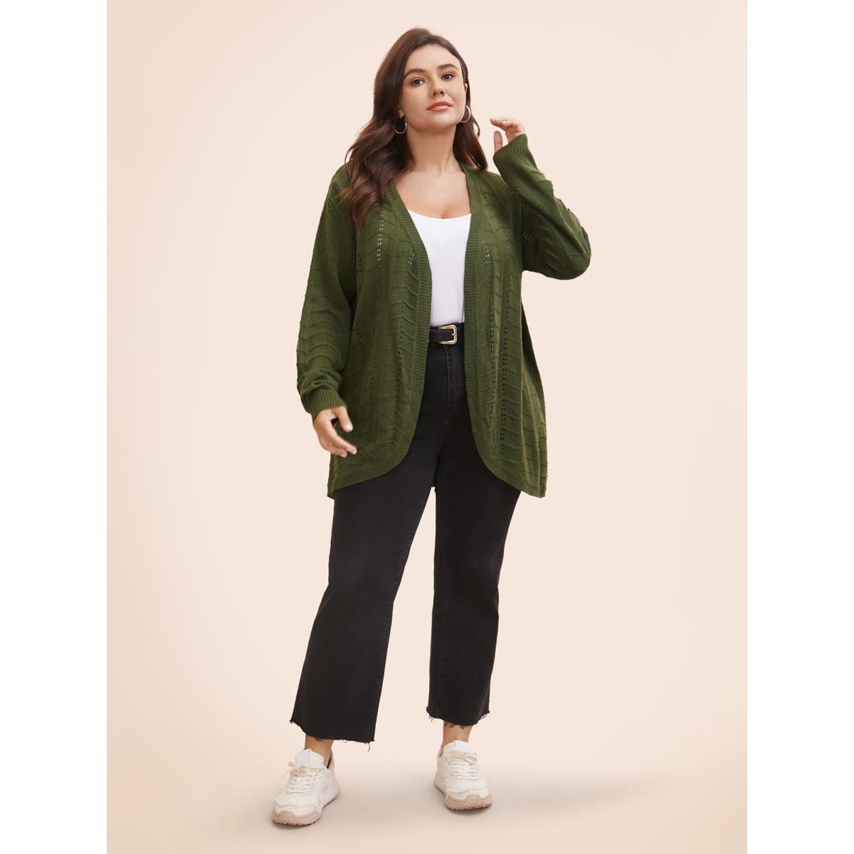 Plus Size Solid Textured Curved Hem Cardigan ArmyGreen Women Casual Loose Long Sleeve Everyday Cardigans BloomChic 14-16/1X Product Image