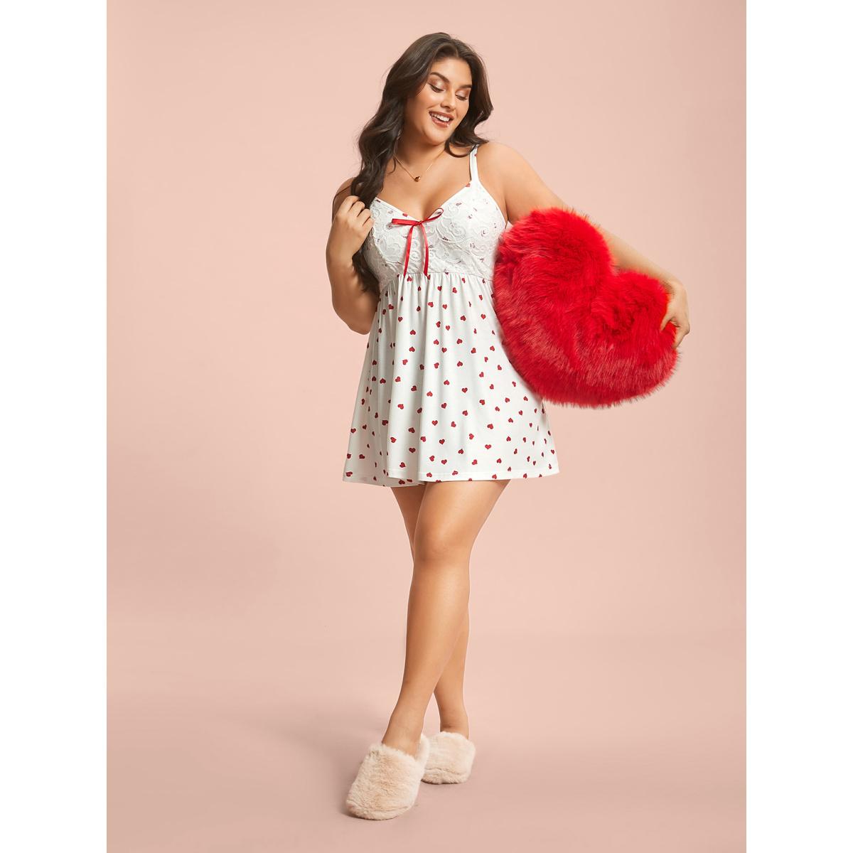 Plus Size Bow Lace Heart Print Lounge Dress Women Originalwhite Leisure Woven ribbon&lace trim V-neck Loungewear BloomChic 12/L Product Image