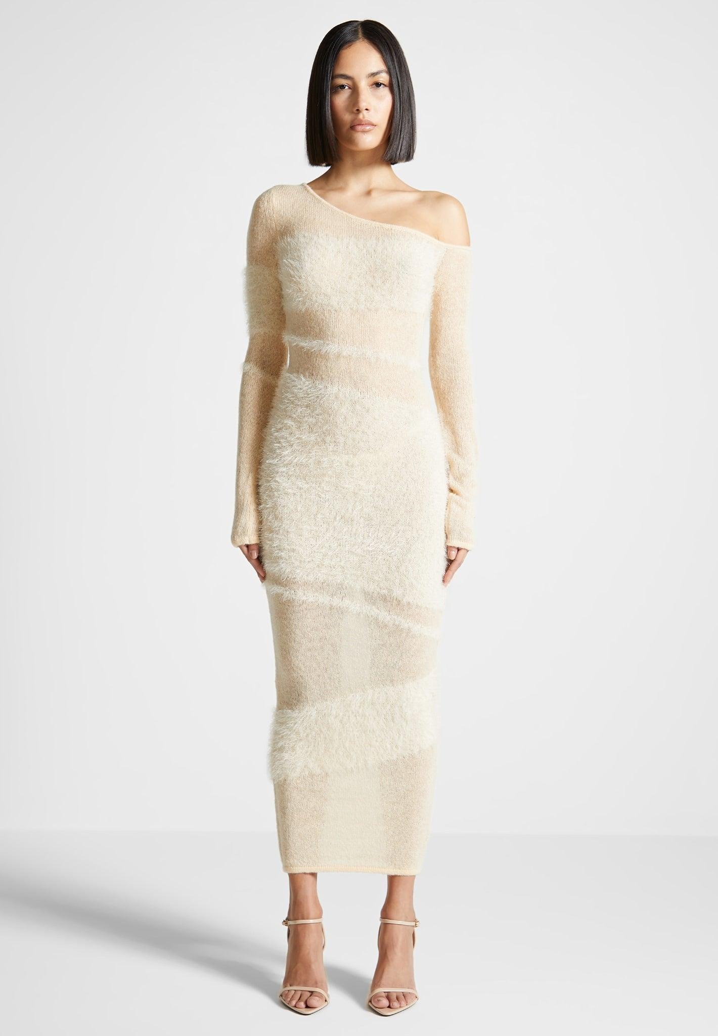 Off Shoulder Knitted Maxi Dress - Beige Female Product Image