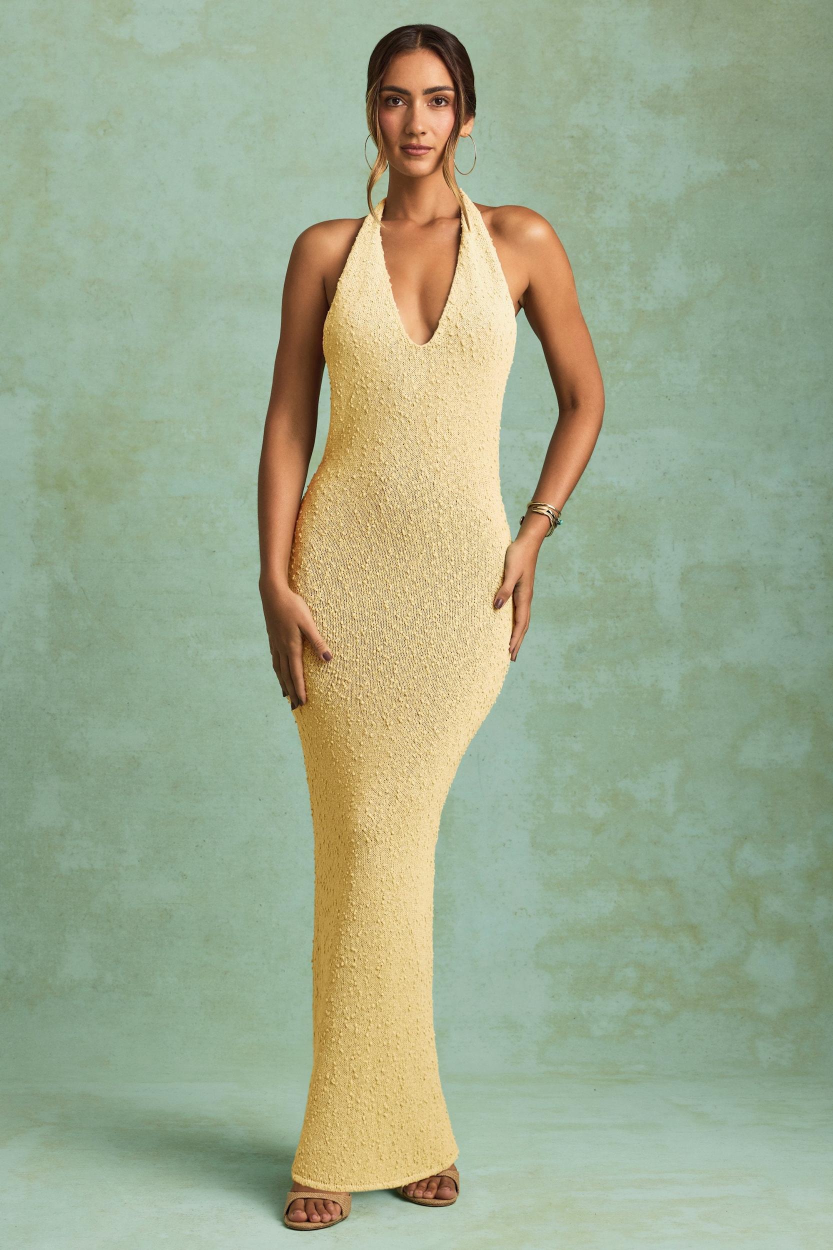 Bouclé Halterneck Maxi Dress in Yellow Girls Product Image