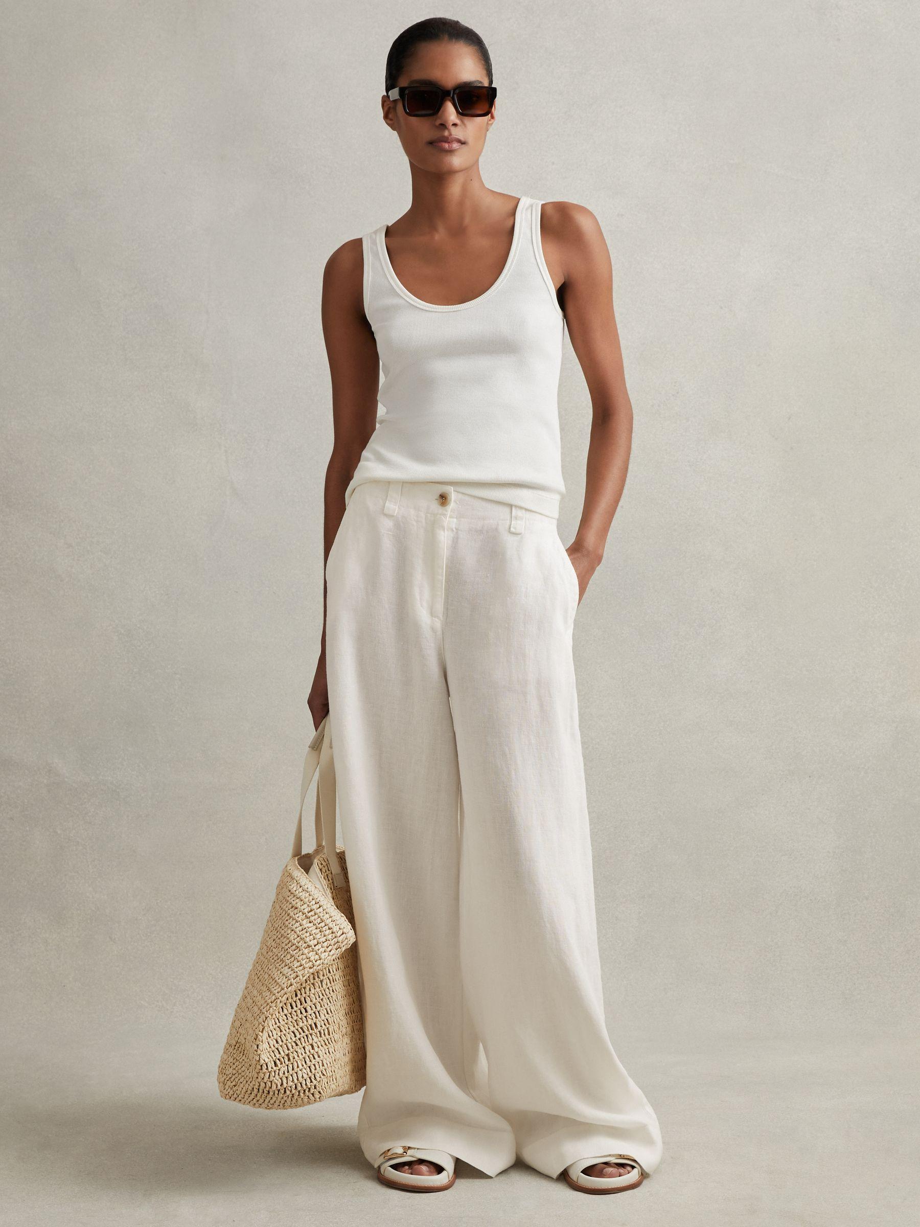 Linen Wide Leg Garment Dyed Trousers in White Product Image