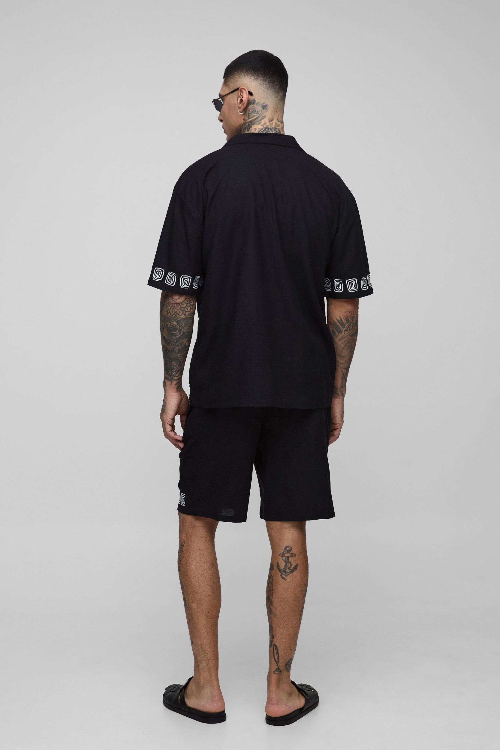 Tall Oversized Embroidery Linen Blend Shirt & Short Set | boohooMAN USA Product Image