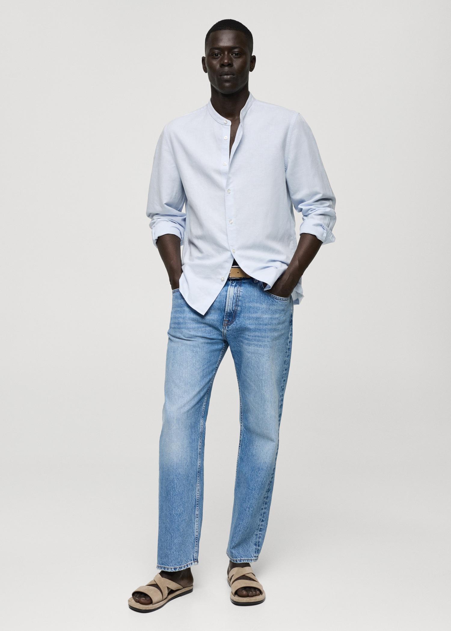 Classic-fit linen shirt with mandarin collar - Men | MANGO USA Product Image