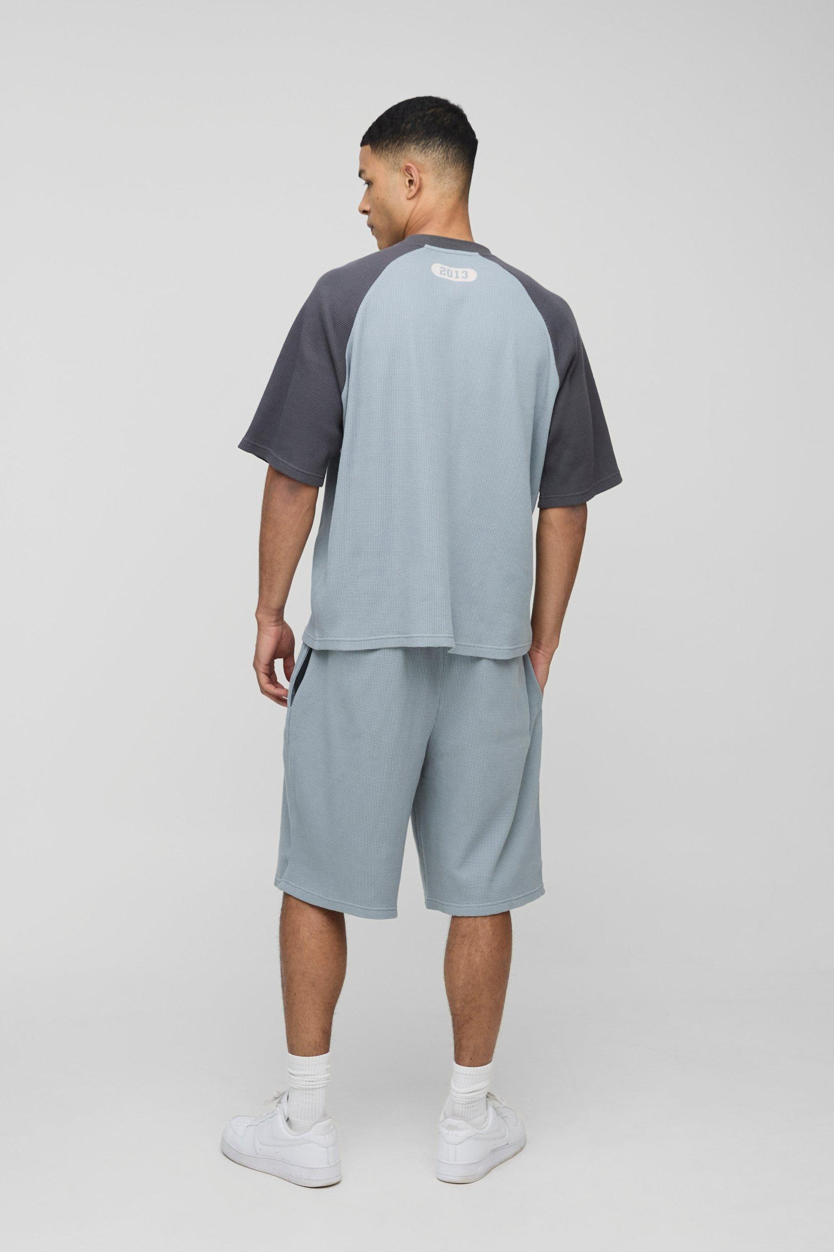 Tall Oversized Boxy Raglan Waffle Graphic T-Shirt & Oversized Short Set | boohooMAN USA Product Image