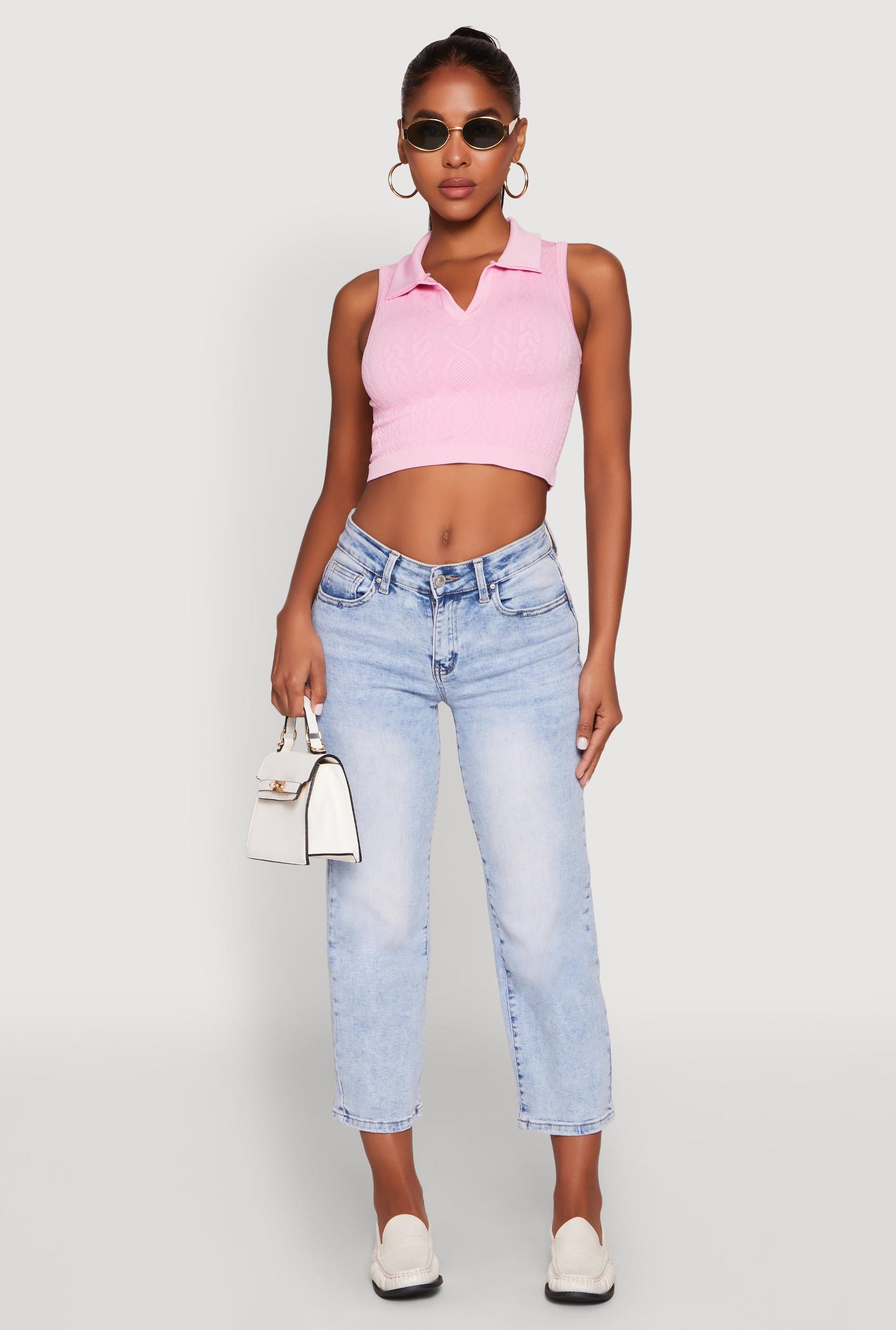 Womens Seamless Cable Knit Polo Crop Top Product Image