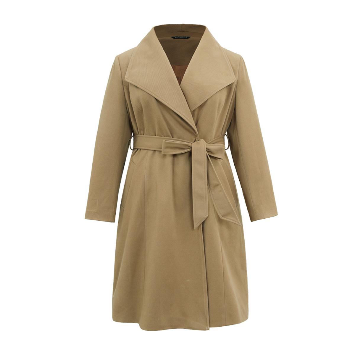 Plus Size Plain Pocket Belted Lapel Collar Tunic Coat Women Bronze Elegant Lined Ladies Dailywear Winter Coats BloomChic 30/6X Product Image