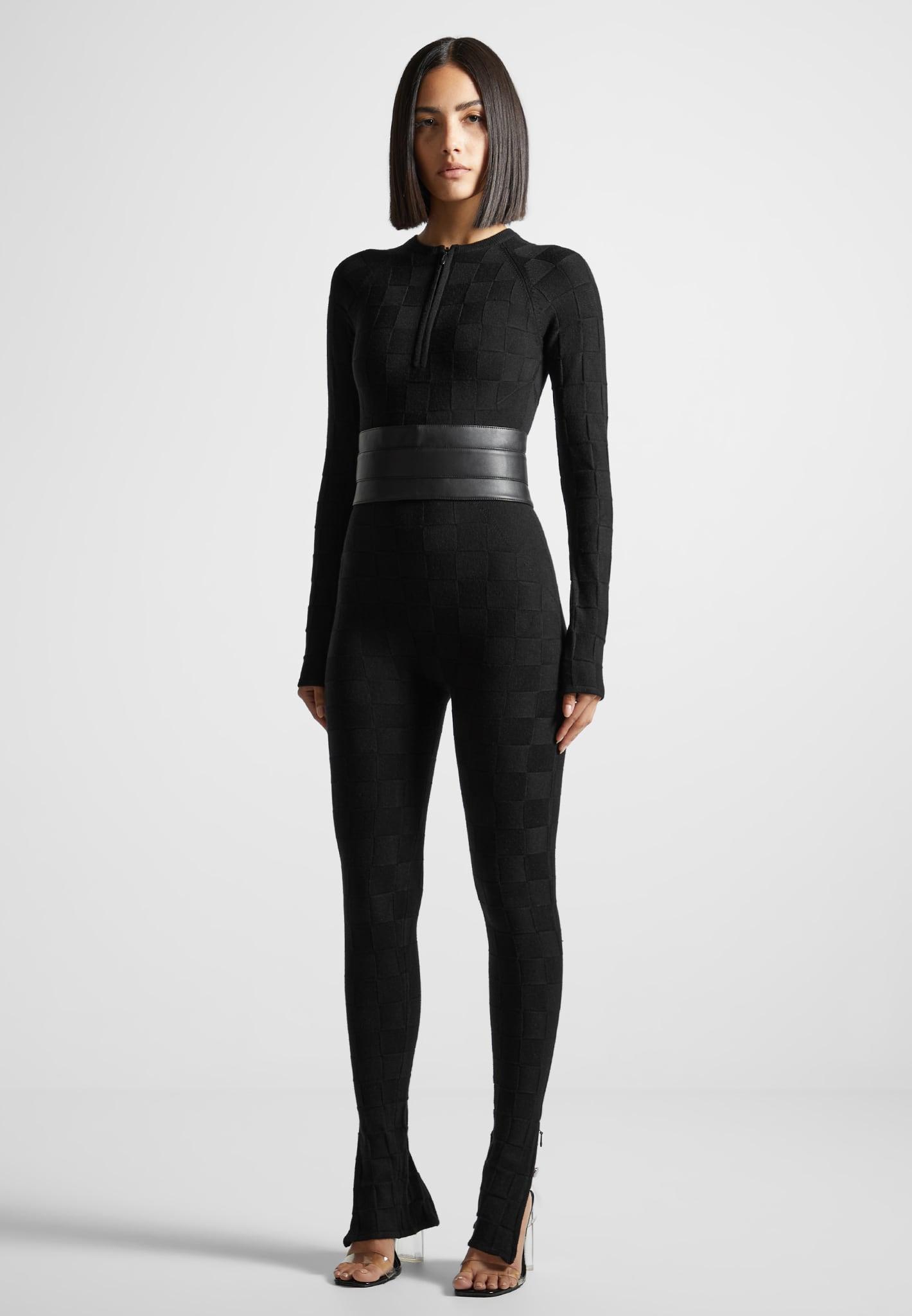Chequerboard Knit Jumpsuit with Belt - Black Female Product Image