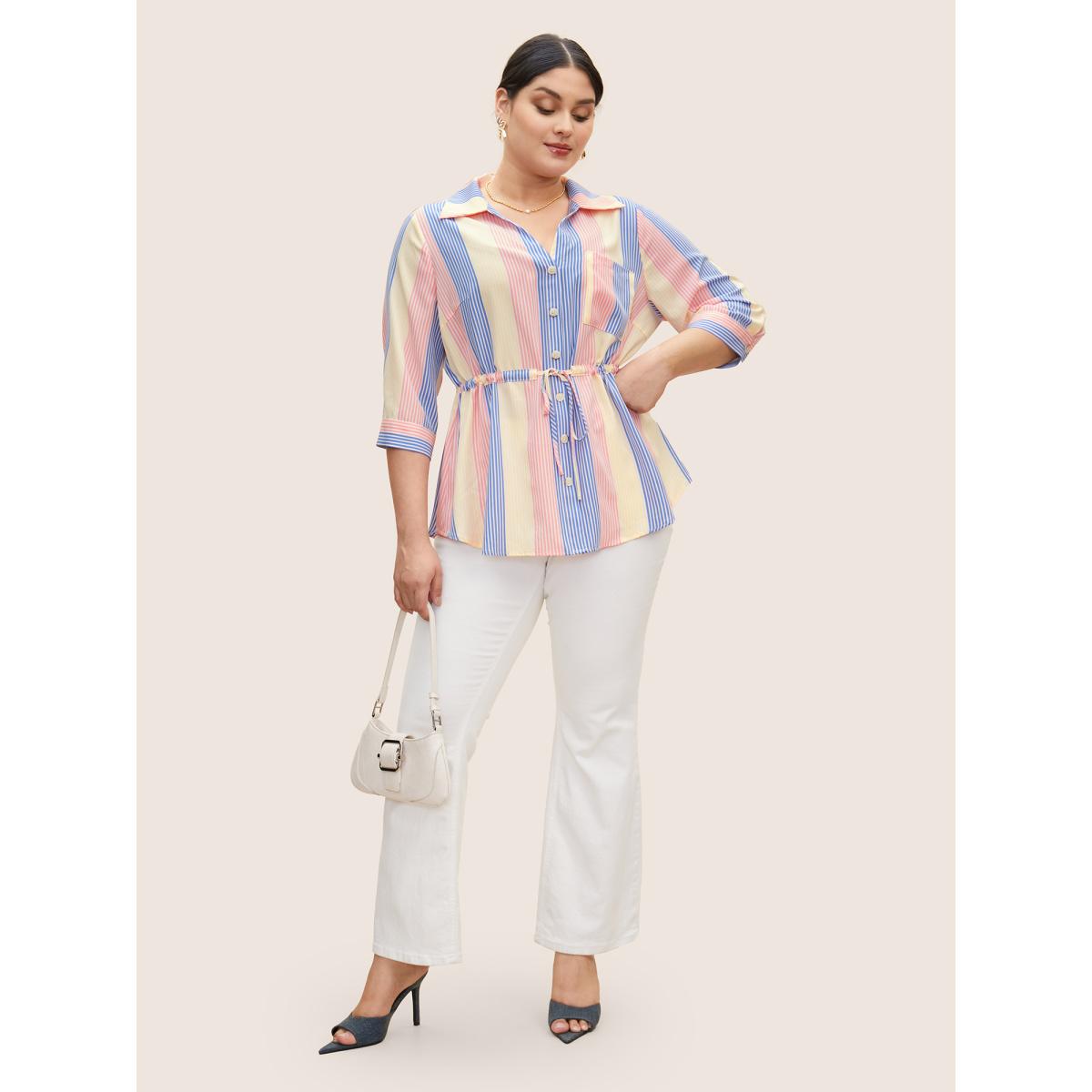 Plus Size Multicolor Contrast Striped Drawstring Patched Pocket Blouse Women Casual Elbow-length sleeve Shirt collar Everyday Blouses BloomChic 12/L Product Image