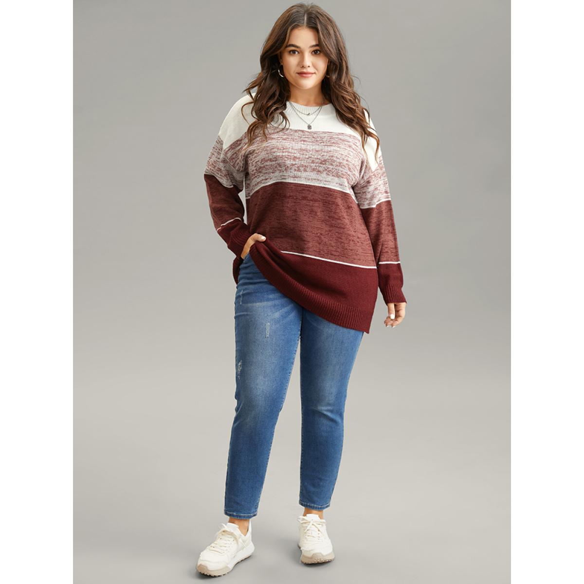 Plus Size Heather Colorblock Contrast Knit Pullover Russet Women Casual Loose Long Sleeve Round Neck Dailywear Pullovers BloomChic 14-16/1X Product Image