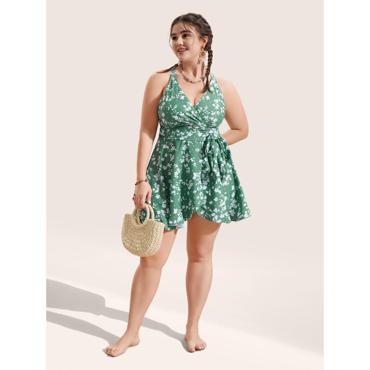 Plus Size Ditsy Floral Overlap Collar Tie Knot Swim Dress Women's Swimwear Palemauve Beach Bodycon Overlap Collar High stretch Curve Swim Dresses BloomChic 30/6X Product Image