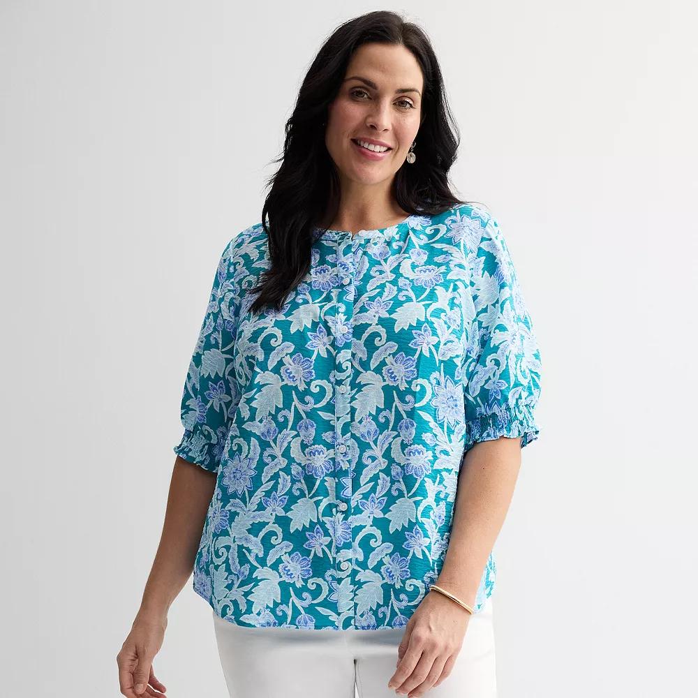 Plus Size Croft & Barrow® Woven Split Neck Top, Women's, Size: 2XL, Teal Blue Fun Garden Product Image