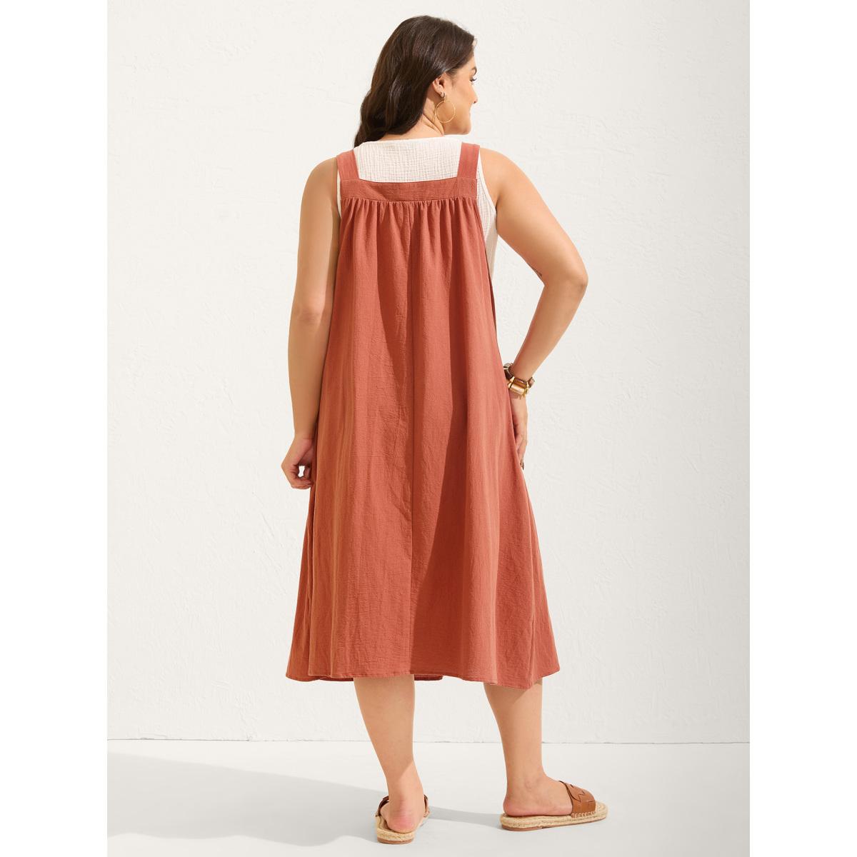 Plus Size Pure Cotton Pleated Pockets Midi Dress Rust Women Leisure Square Neck Sleeveless Curvy BloomChic 28/5X Product Image