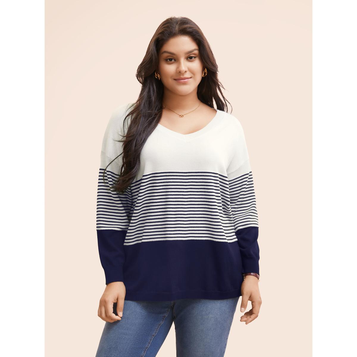 Plus Size Supersoft Essentials Striped Contrast Pullover Midnight Women Workwear Essentials Long Sleeve V-neck Work Pullovers BloomChic 10/M Product Image